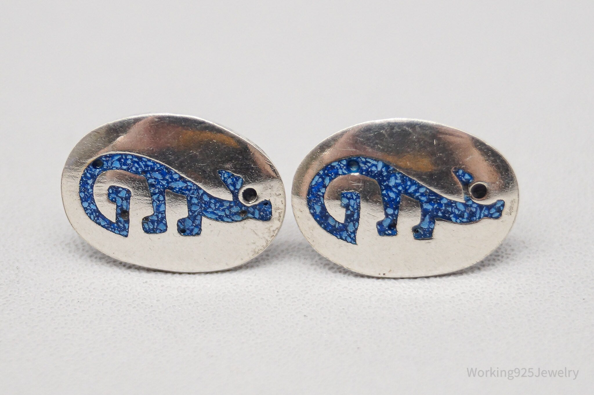 Vintage Lapis Lazuli Inlay Lizard Sterling Silver Earrings