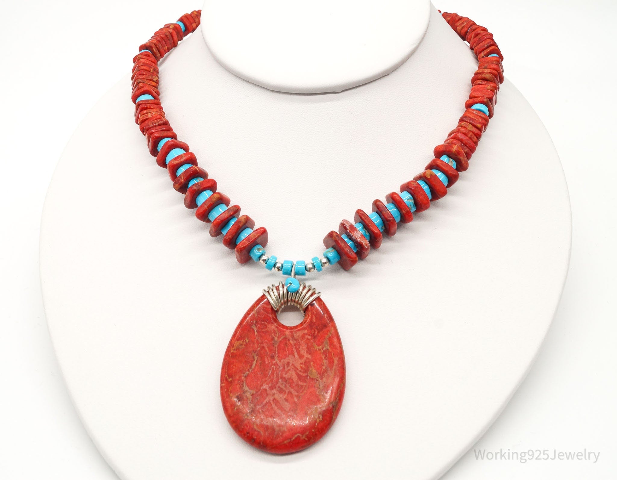 Vintage Native American Running Bear Coral Turquoise Bead SS Necklace