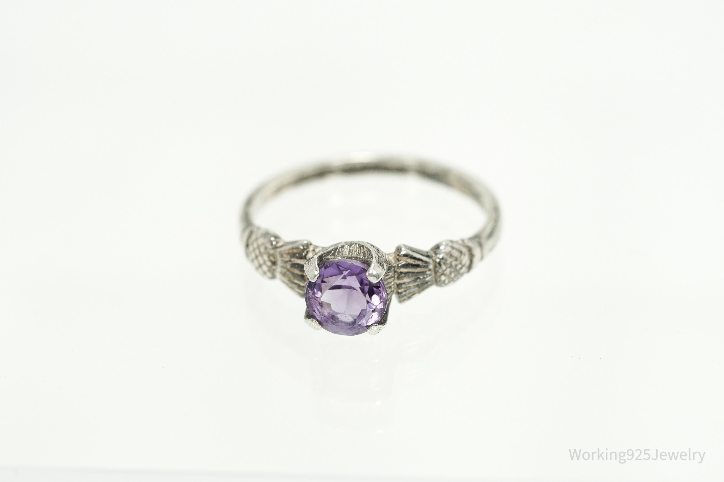 Vintage Amethyst Scottish Thistle Sterling Silver Ring - Size 7