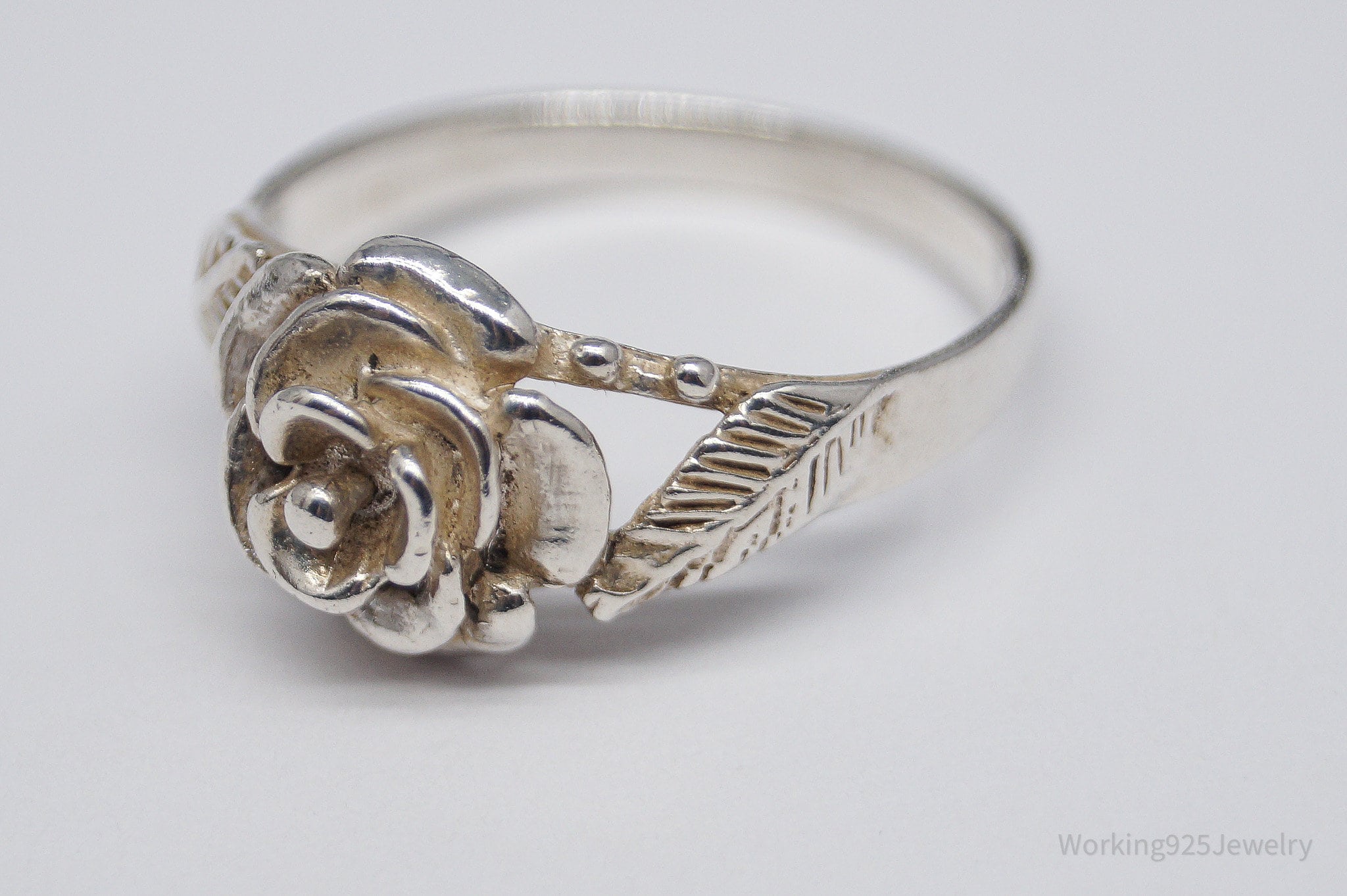 Vintage Rose Flower Sterling Silver Ring - Size 7.75