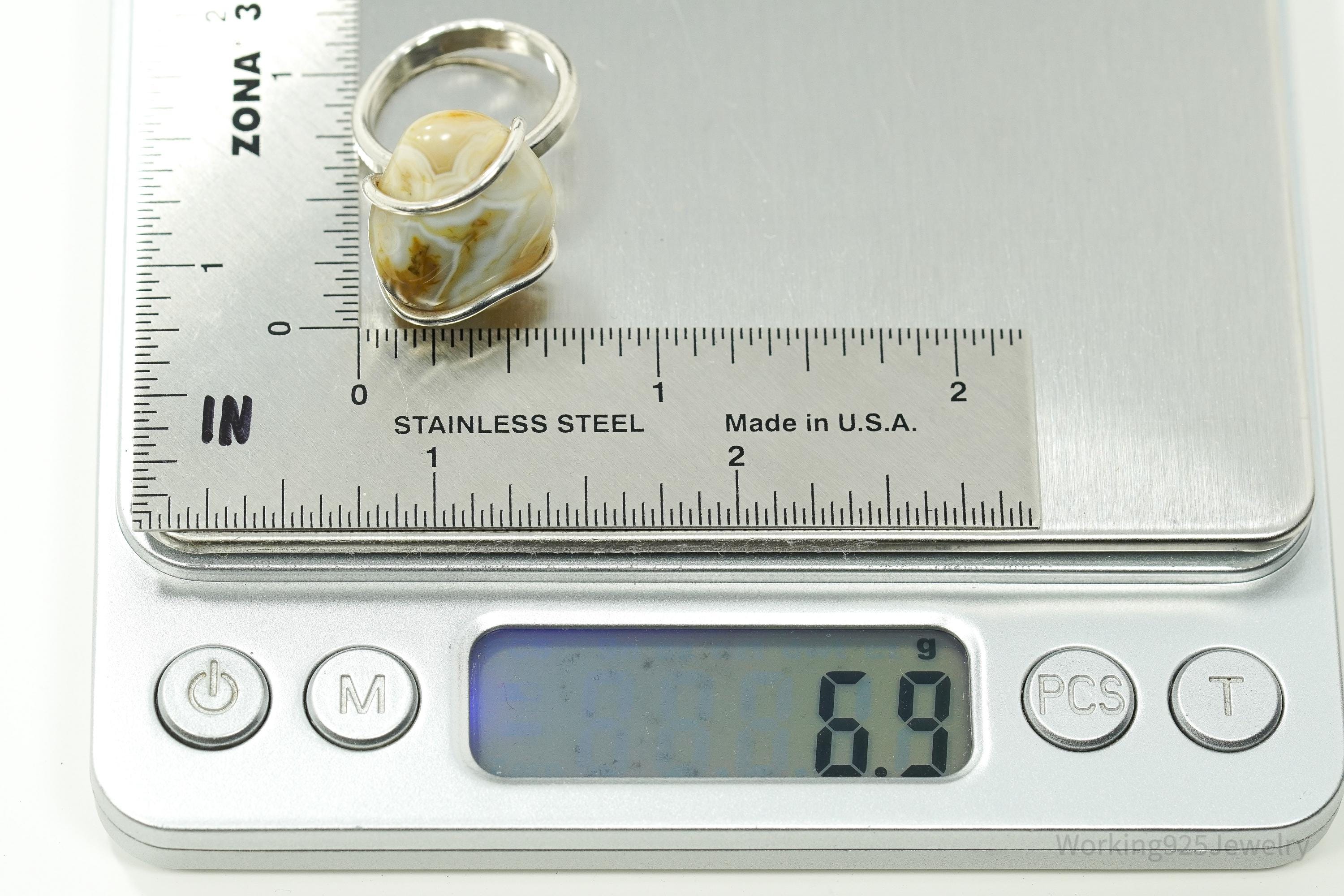 Vintage Lace Agate Silver Ring - Size 6