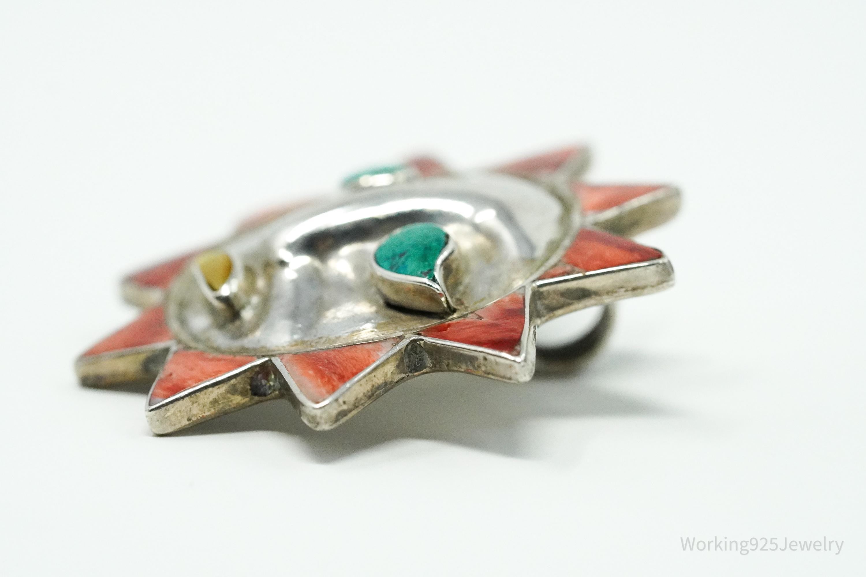 Large Vintage Multi Stone Inlay Sun Face 950 Silver Pendant