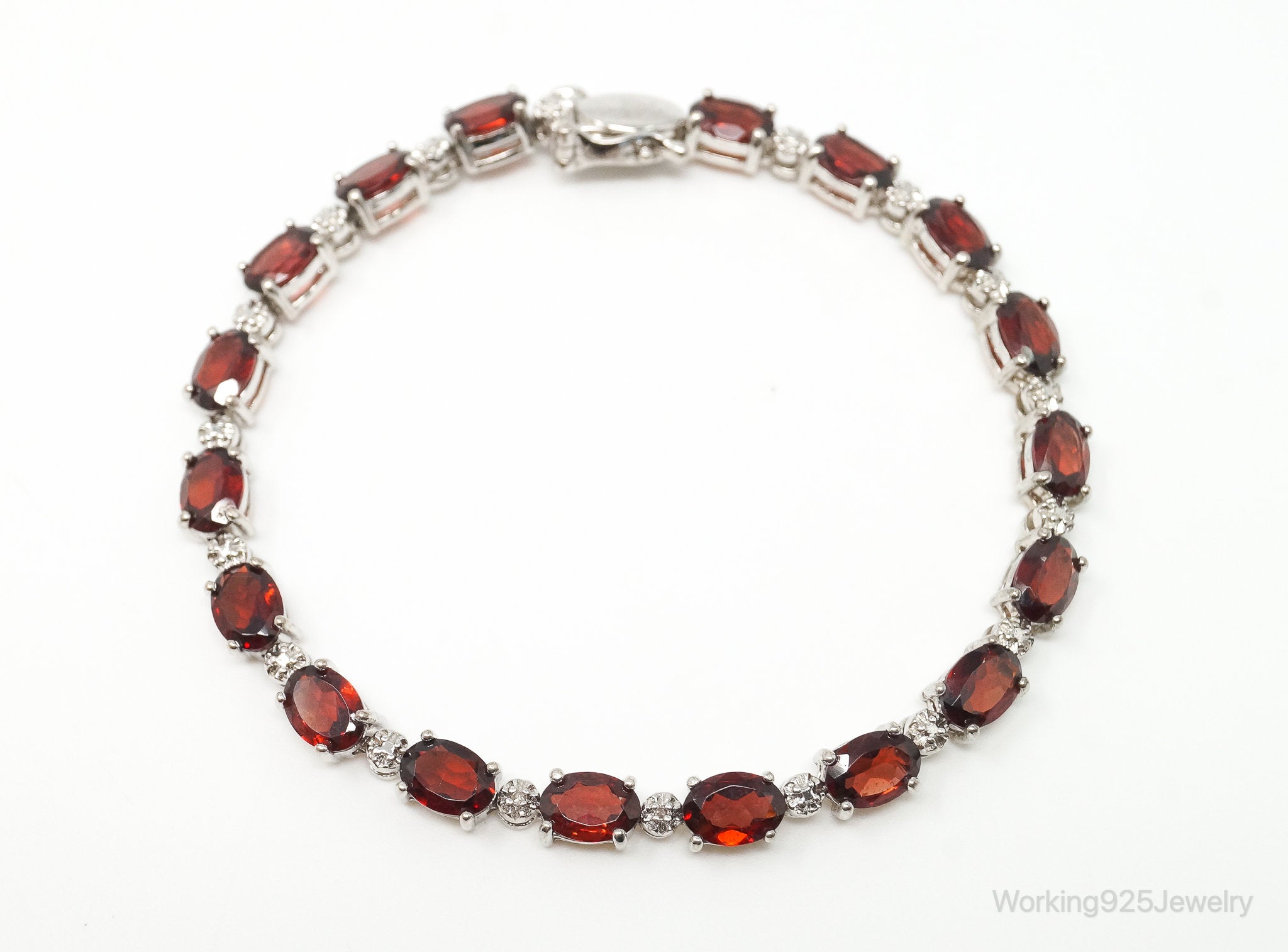 Vintage Red Garnet 2 Diamond Sterling Silver Bracelet