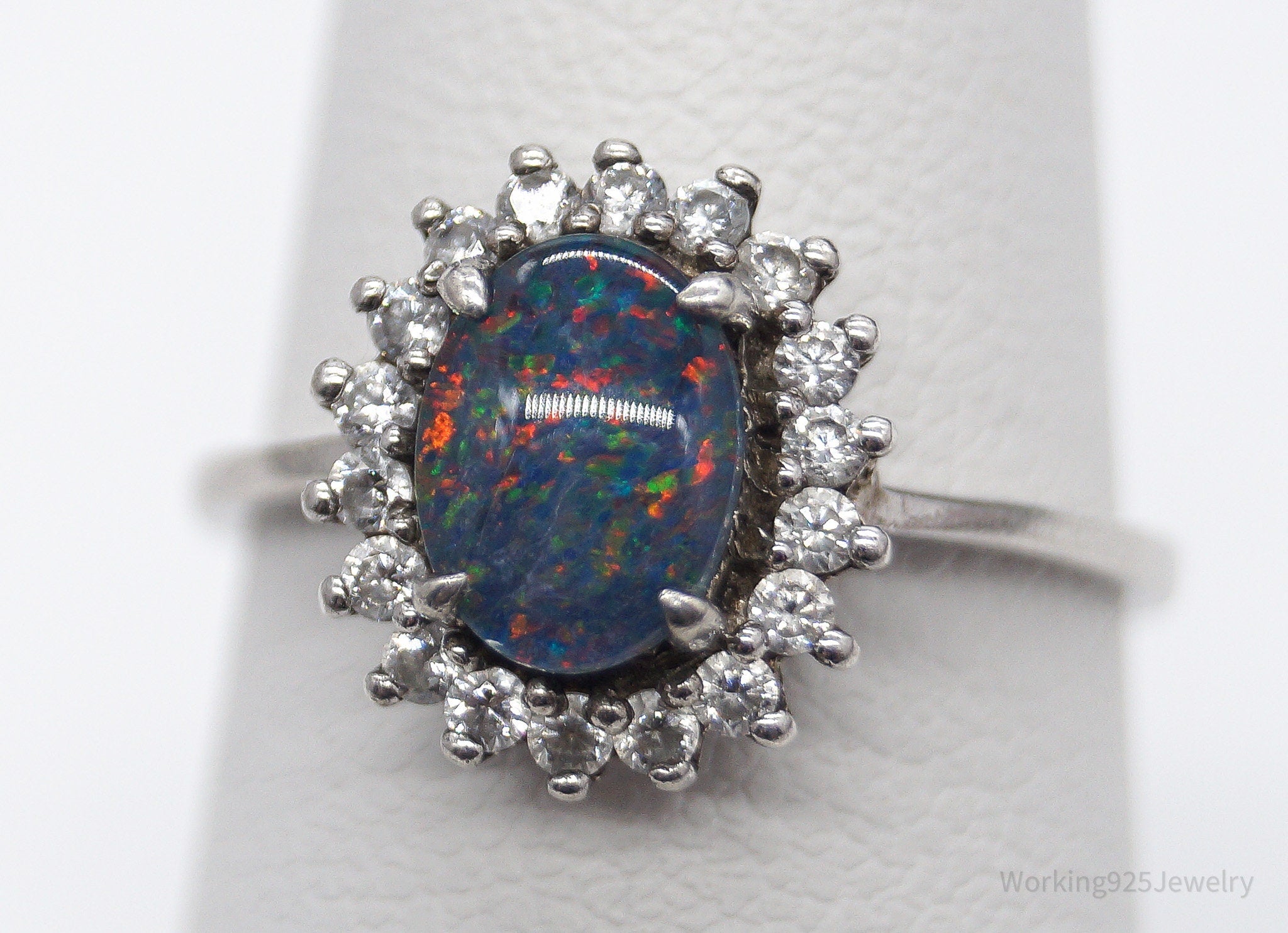 Vintage Opal Triplet Cubic Zirconia Sterling Silver Ring - Size 7