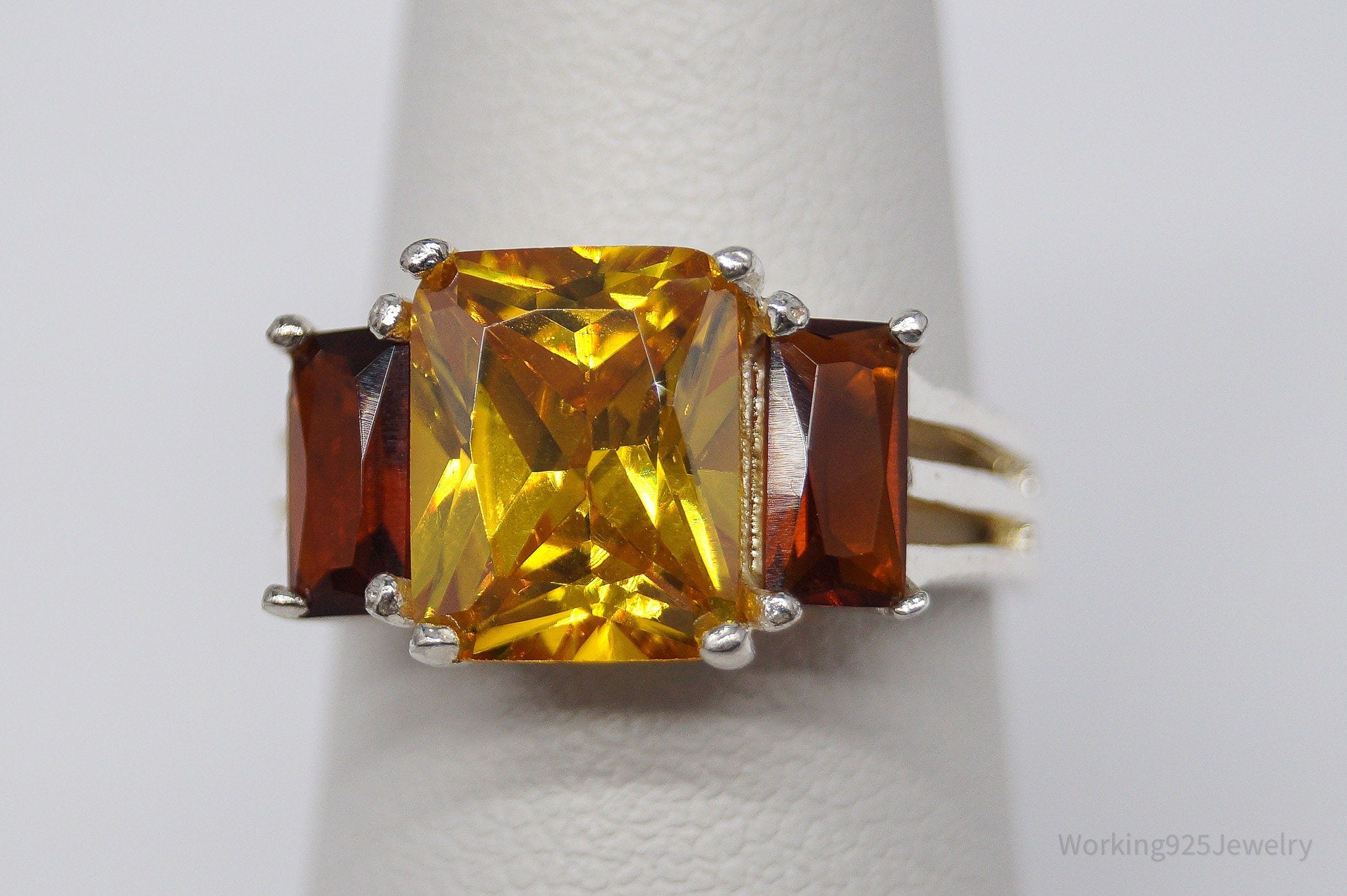 Vintage Large Yellow Tourmaline & Faux Amber Stone Sterling Silver Ring - Size 6.5