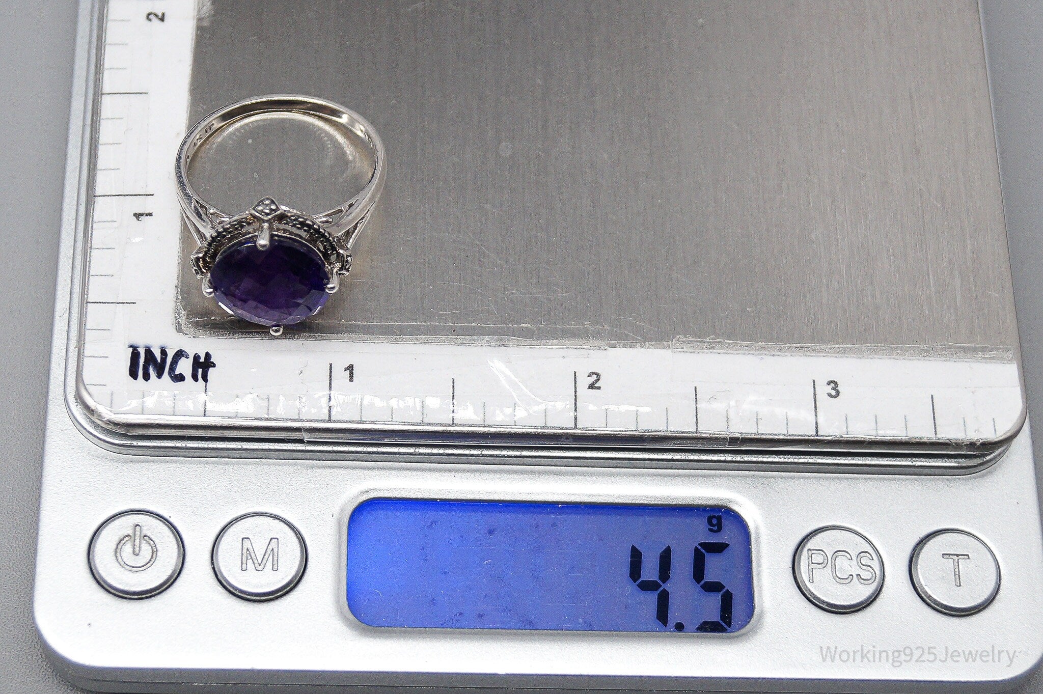 Vintage Amethyst & Diamond Sterling Silver Ring - Size 10