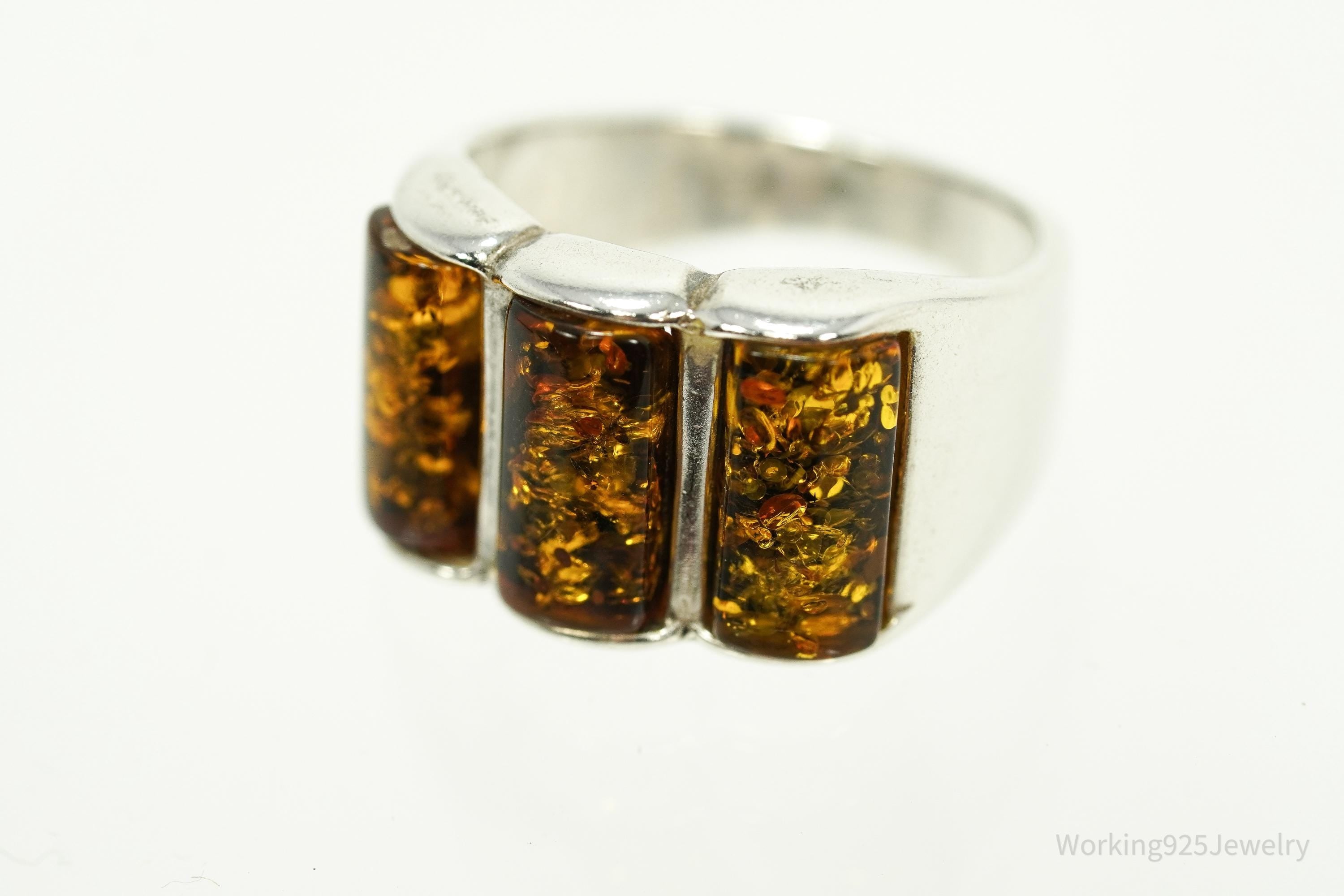 Vintage Amber Modernist Style Sterling Silver Ring - Size 6