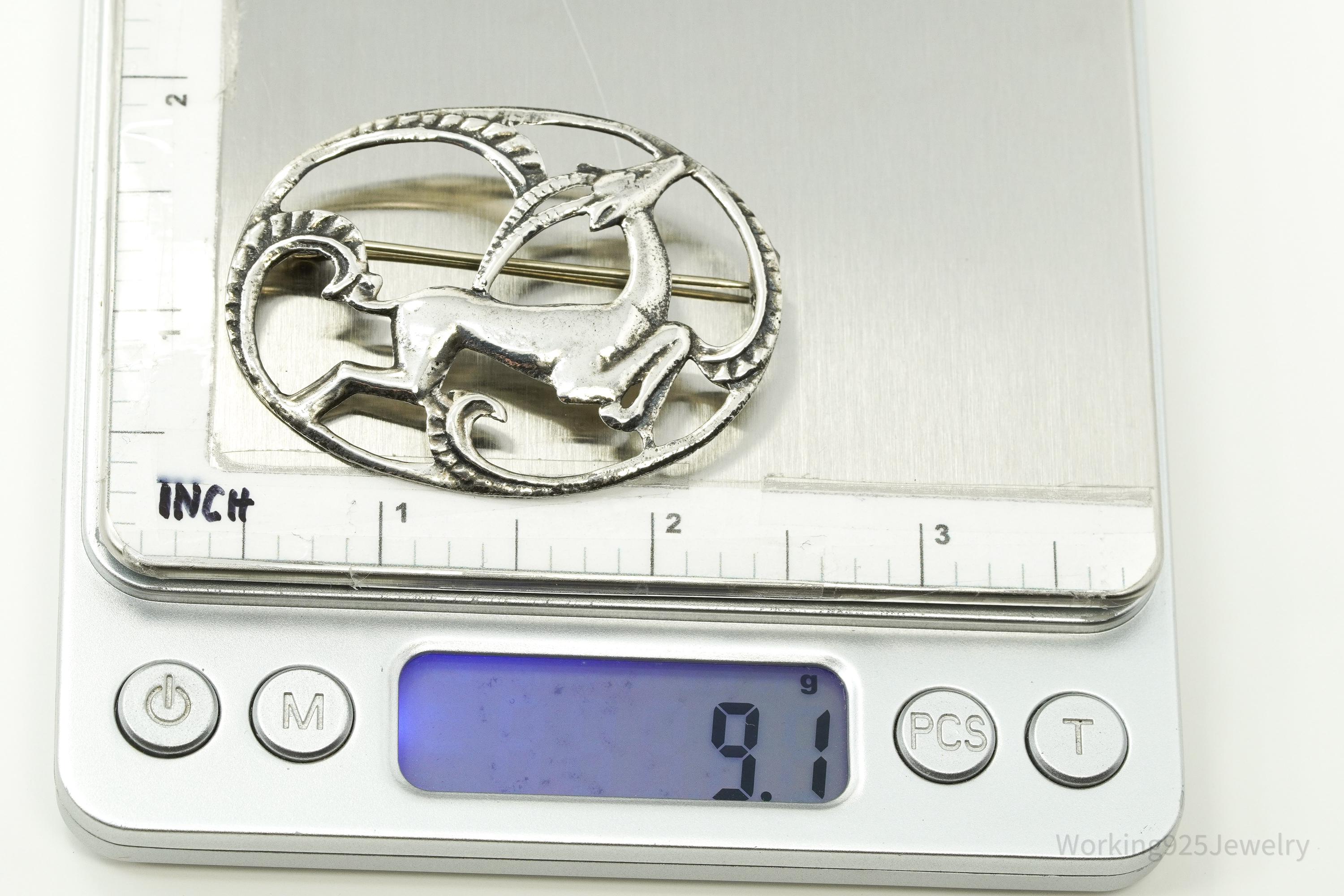 Large Antique Gazelle Sterling Silver Brooch Pin