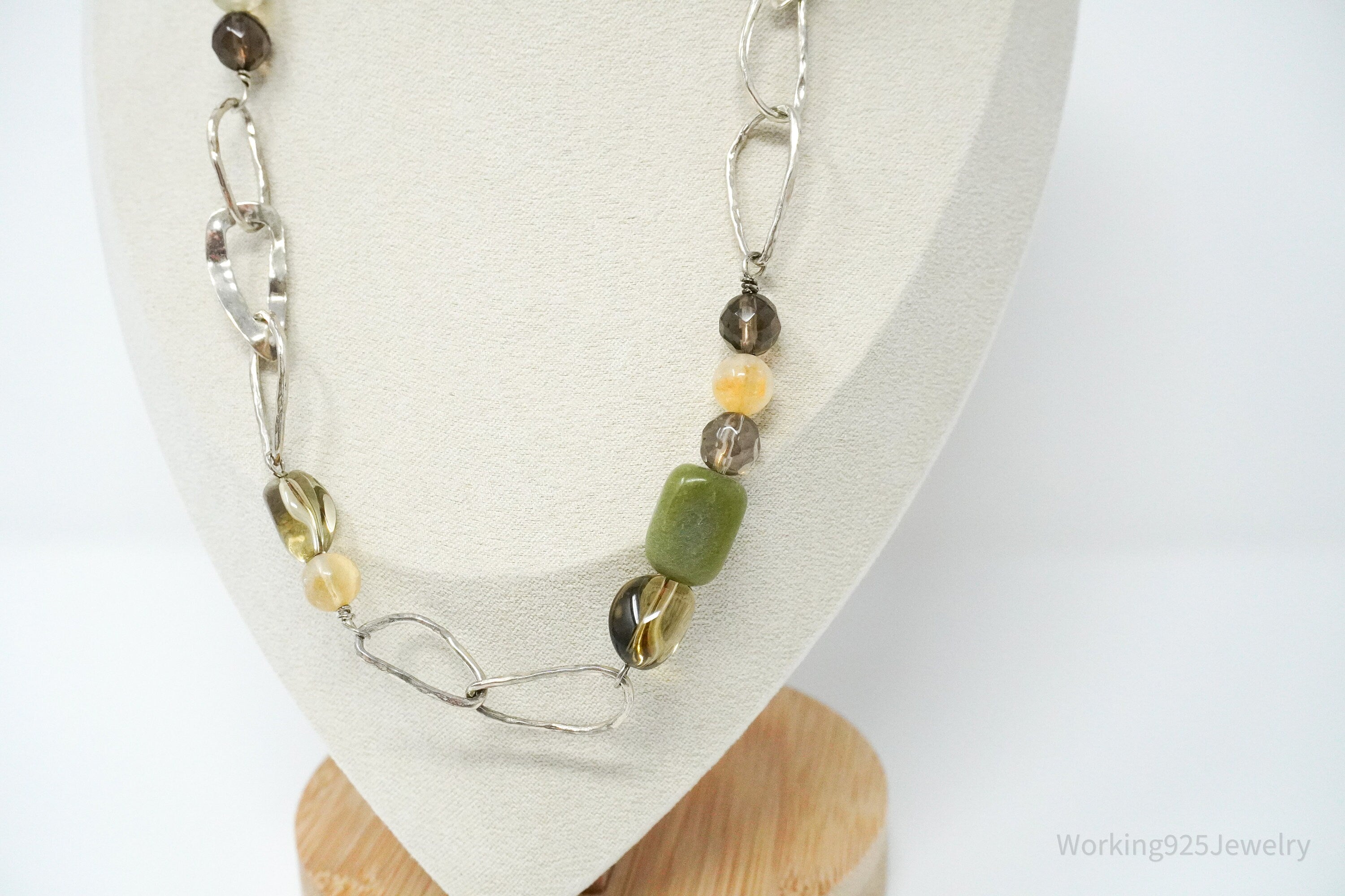 Retired Silpada Jade Smoky Topaz Citrine Chain Link Sterling Silver Necklace 18"