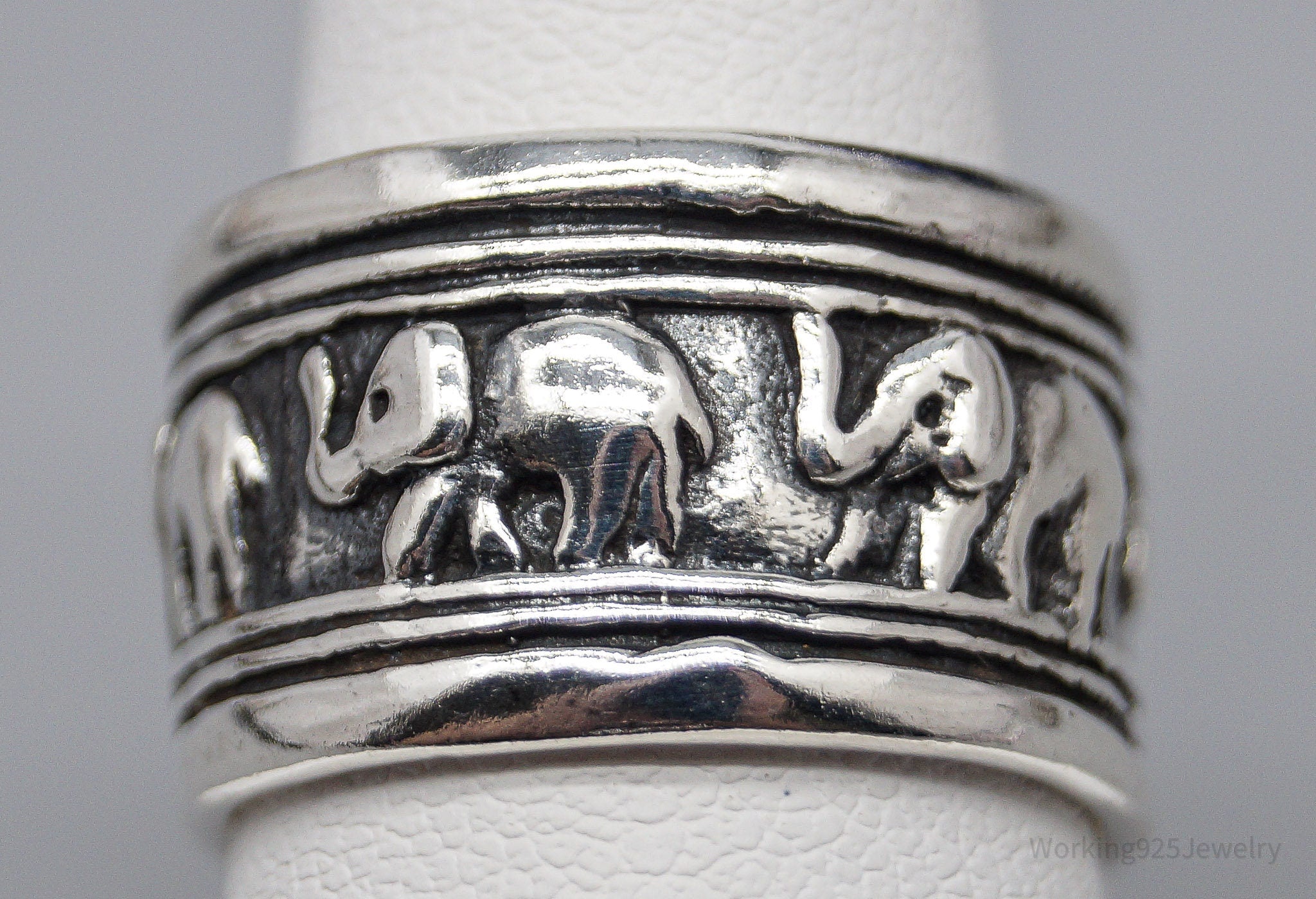 Vintage Elephant Family Good Fortune Sterling Silver Band Ring - Size 6.75