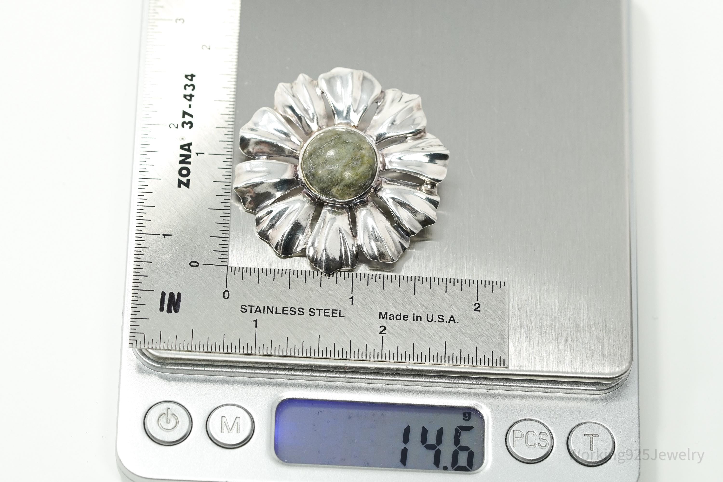 Large Vintage 1990s Connemara Marble Sterling Silver Flower Irish Brooch Pendant 1.75"