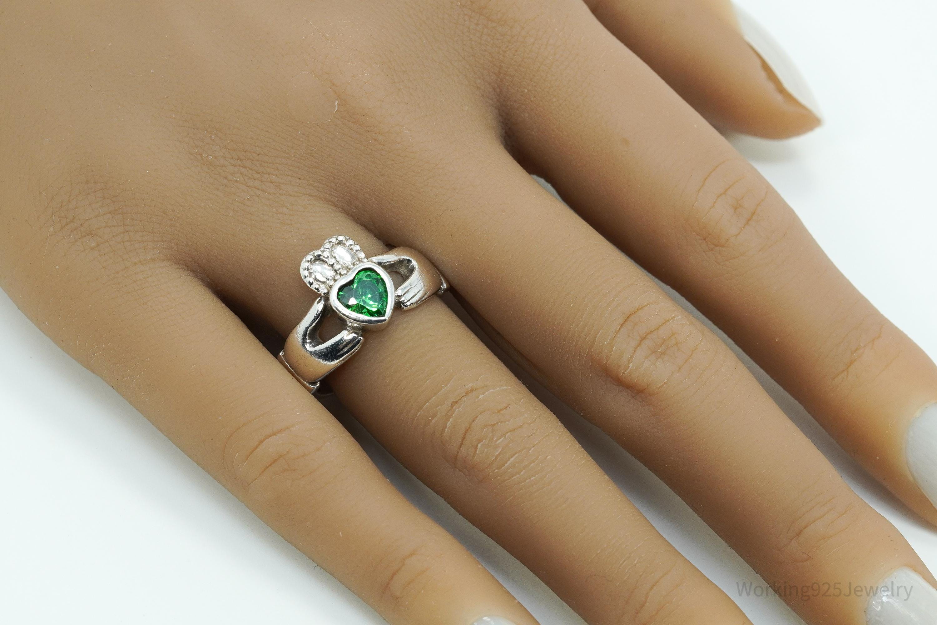 Vintage Green Tourmaline Heart Claddagh Sterling Silver Ring - Size 7.75