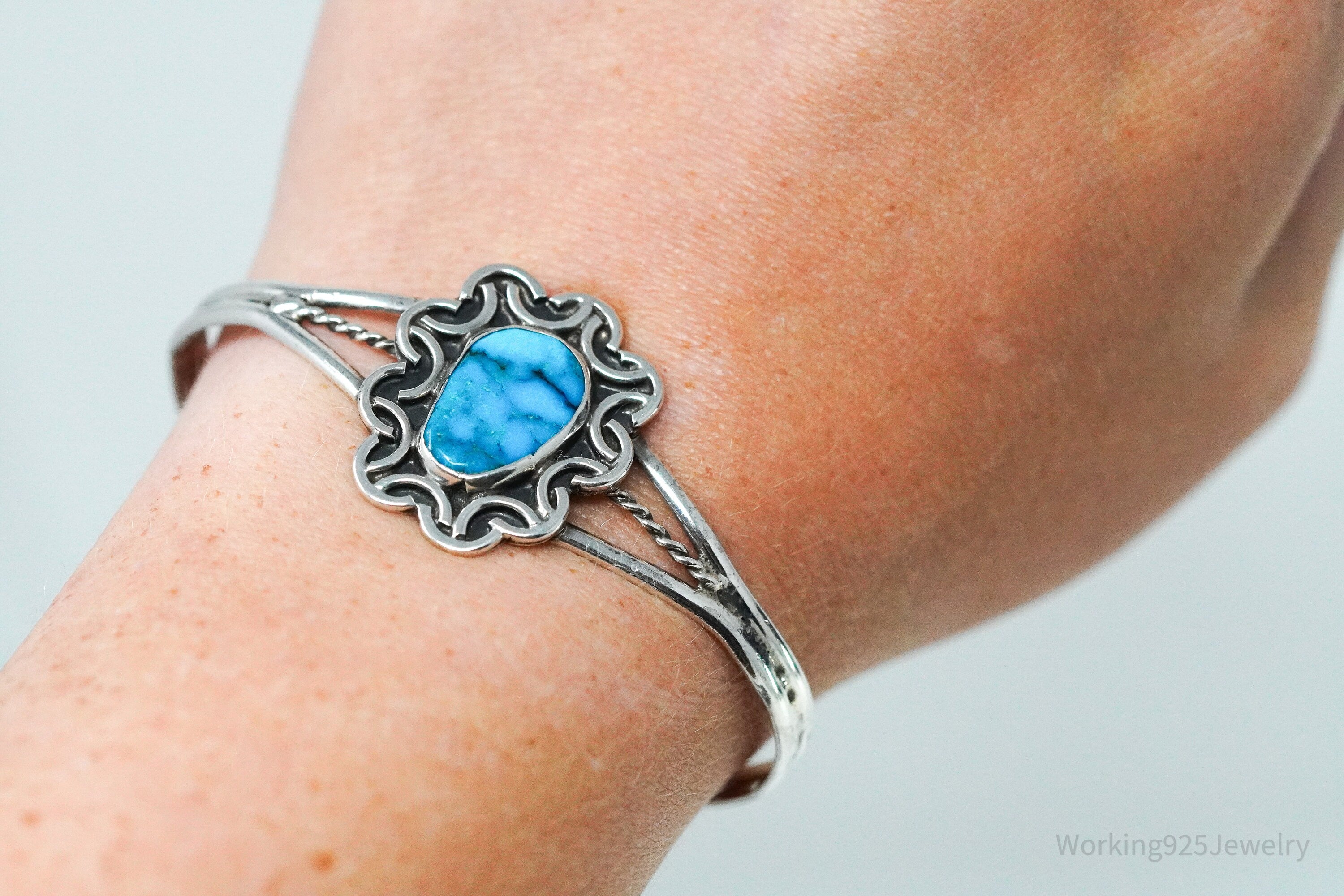 Vintage Native Handmade Blue Turquoise Sterling Silver Cuff Bracelet 6.25"