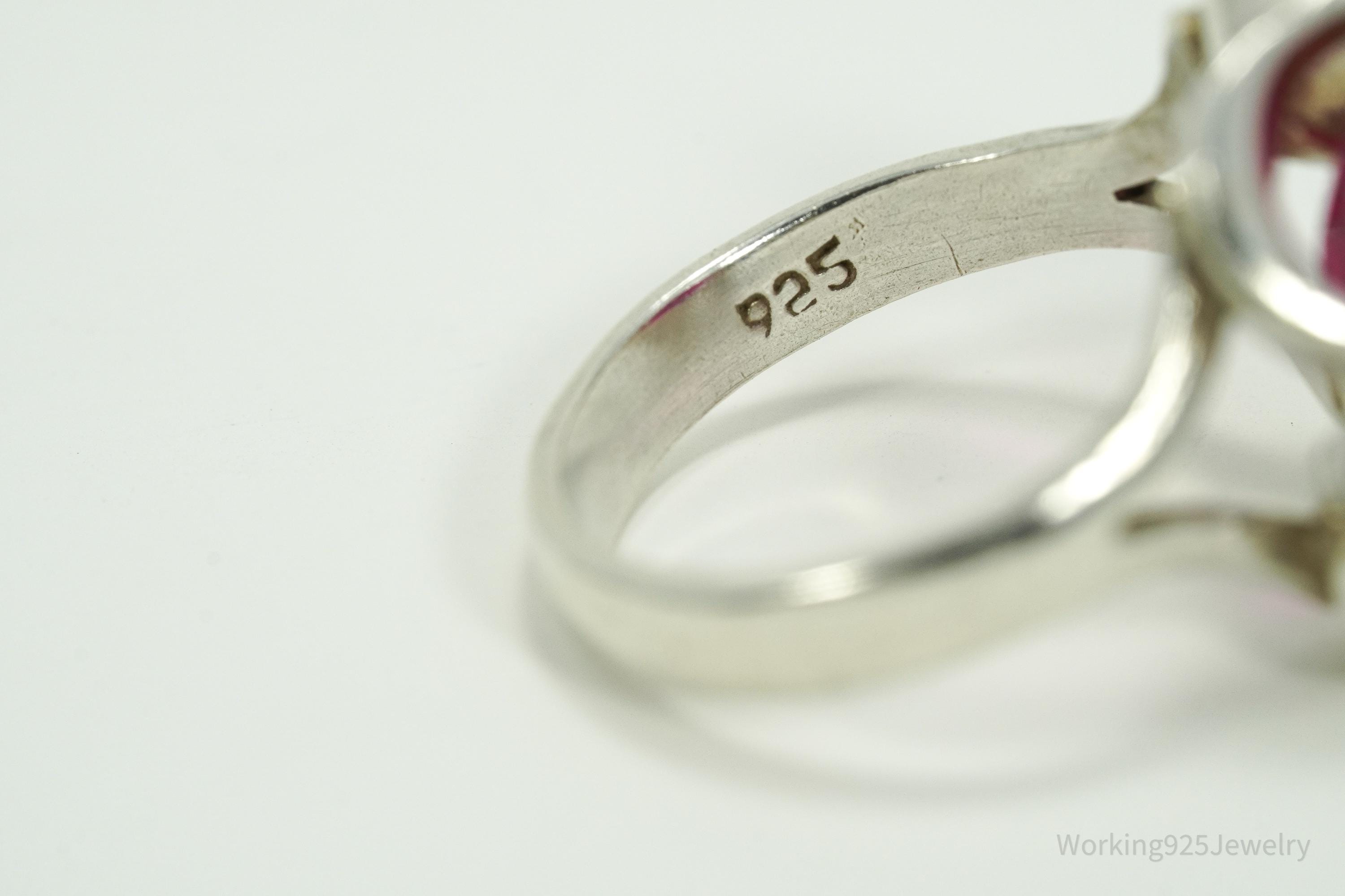 Vintage Mexico Modernist Red Paste Glass Stone Sterling Silver Ring - Size 5