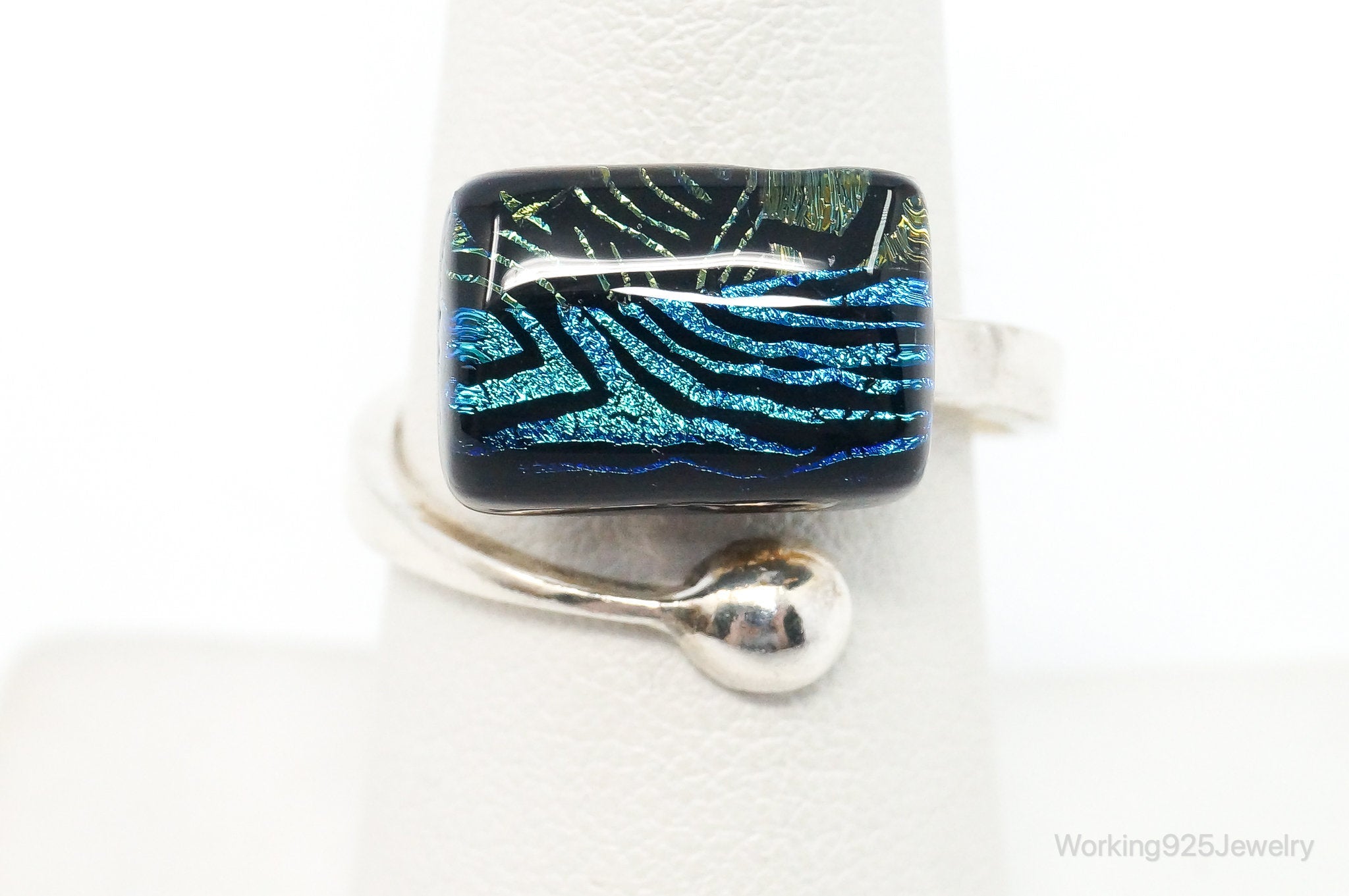 Vintage Dichroic Glass Sterling Silver Ring - Size 8.25 Adjustable