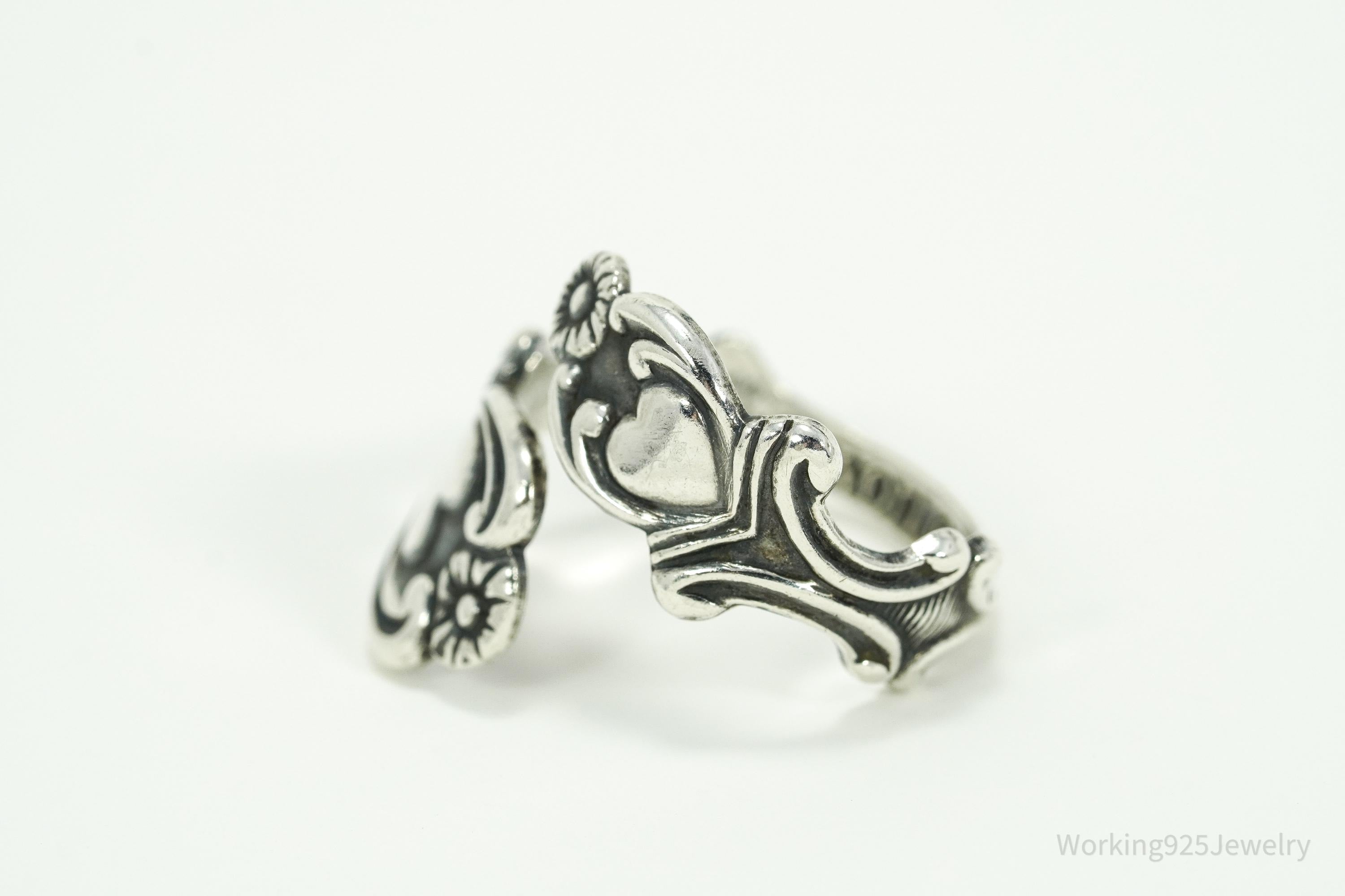 Vintage Avon Hearts & Flowers Sterling Silver Adjustable Wrap Spoon Ring - Size 10.25