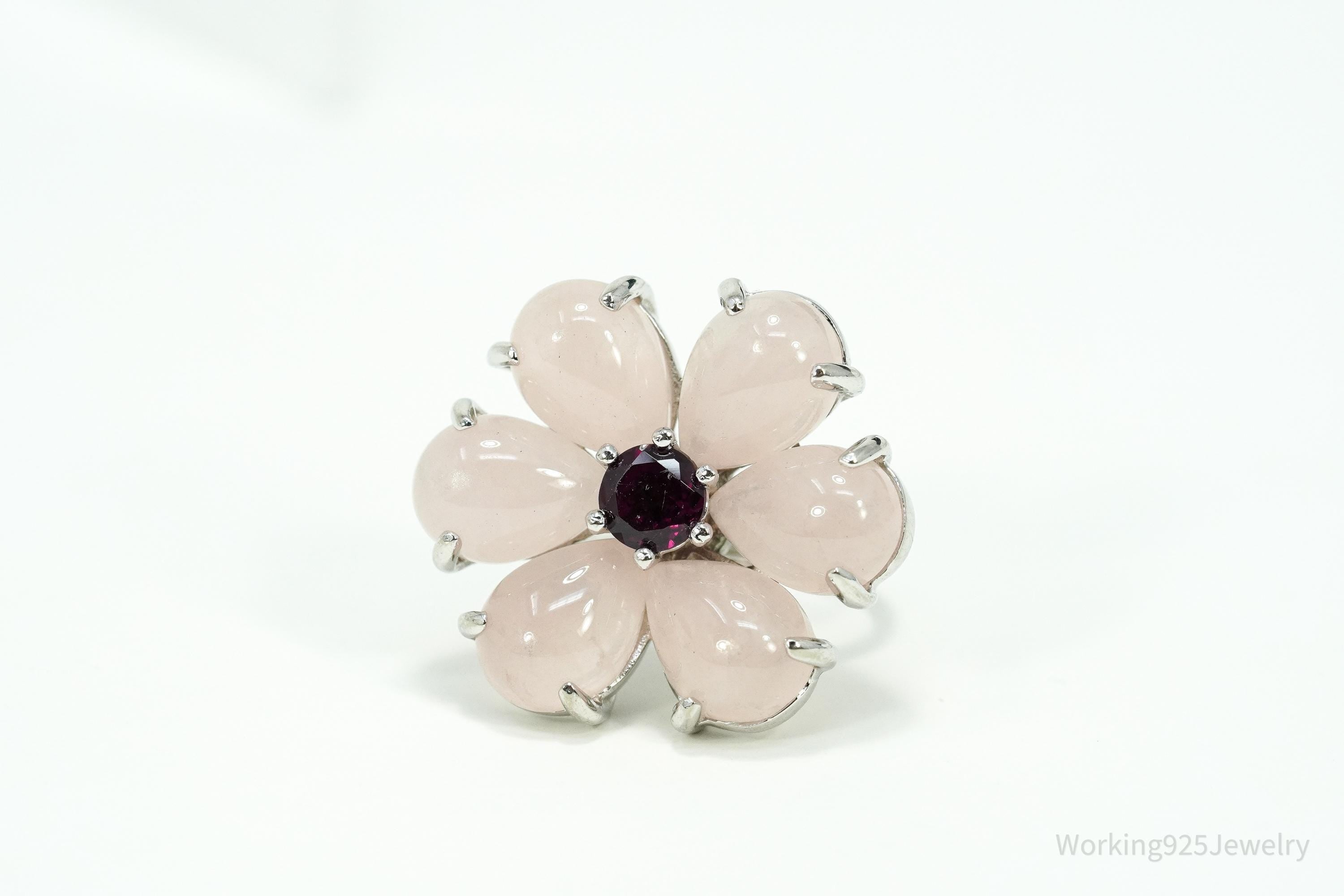 Rose Quartz & Rhodolite Garnet Sterling Silver Flower Ring - Size 7