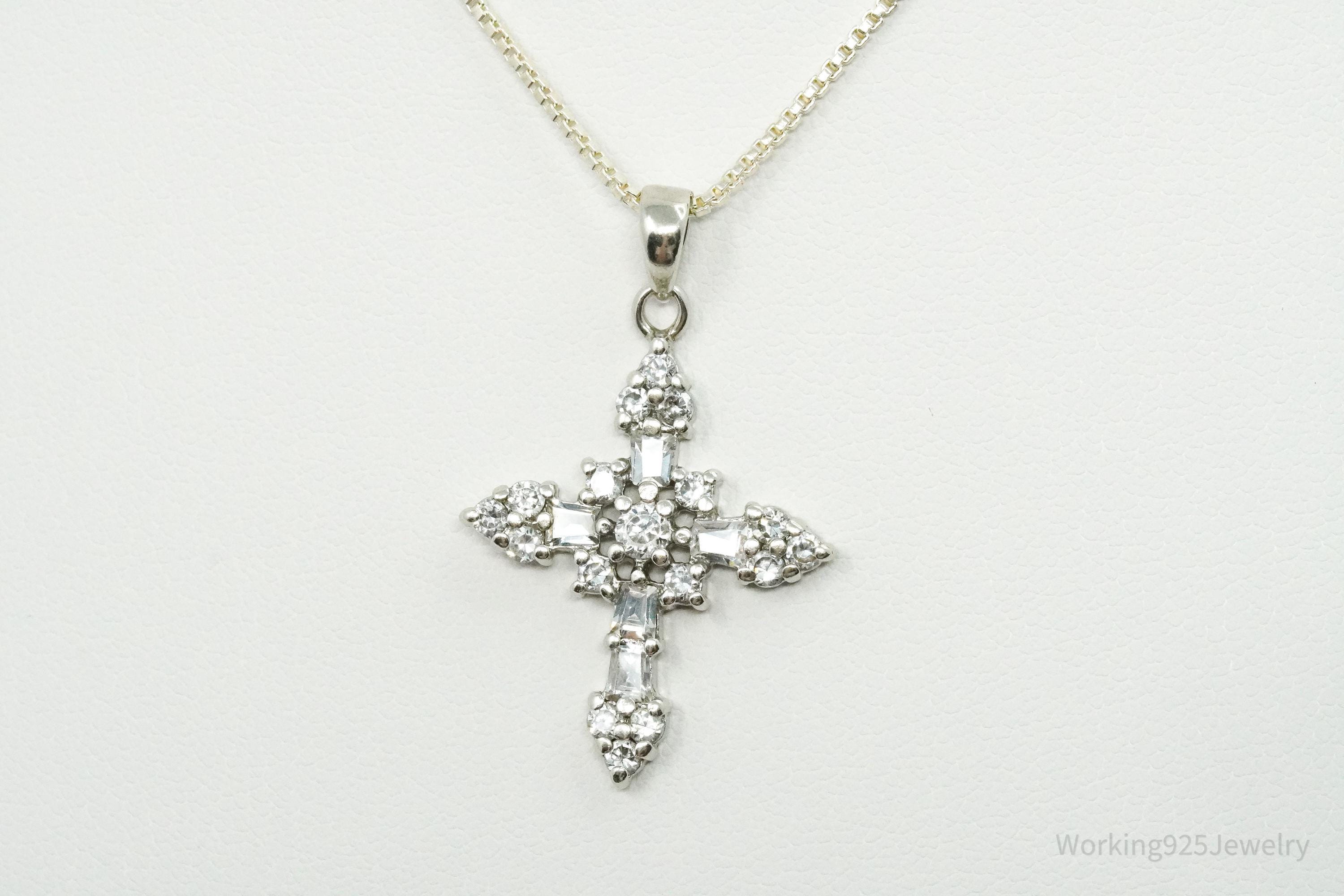 Vintage Cubic Zirconia Cross Sterling Silver Necklace 18"