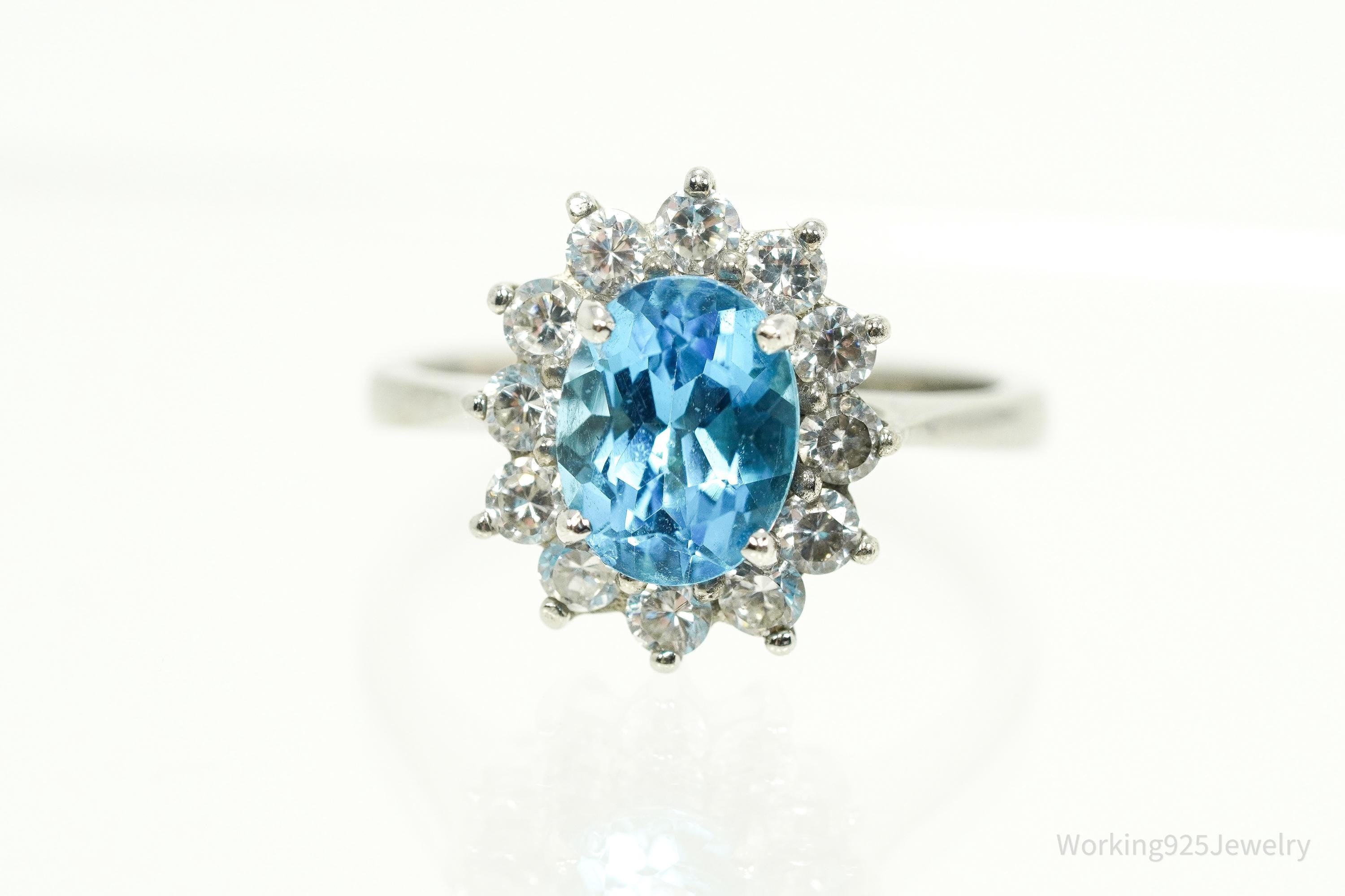 Vintage Blue Topaz & Cubic Zirconia Sterling Silver Ring - Size 7.75