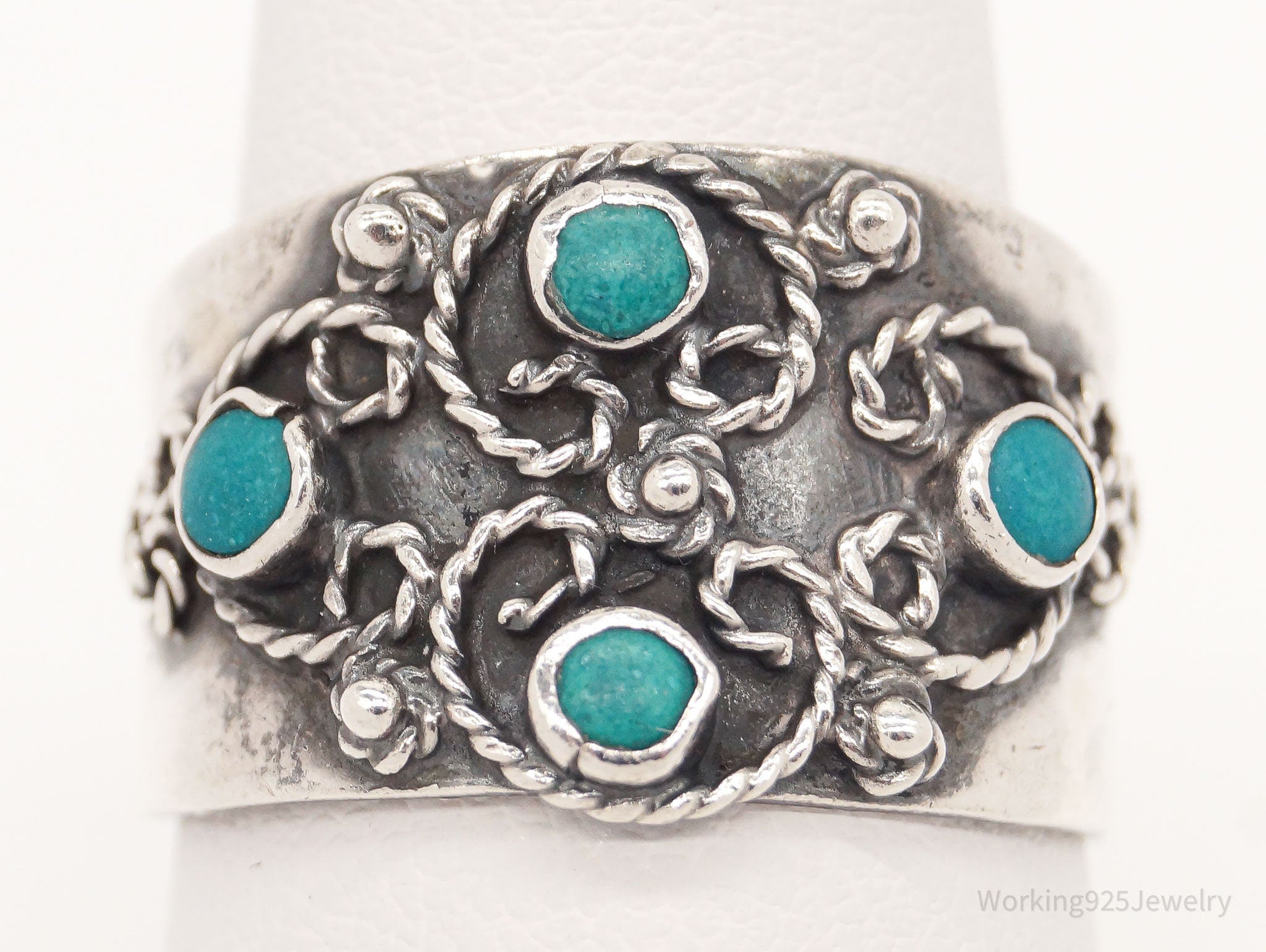 Vintage Mexico Blue Stone Sterling Silver Ring - Size 8.5 Adjustable