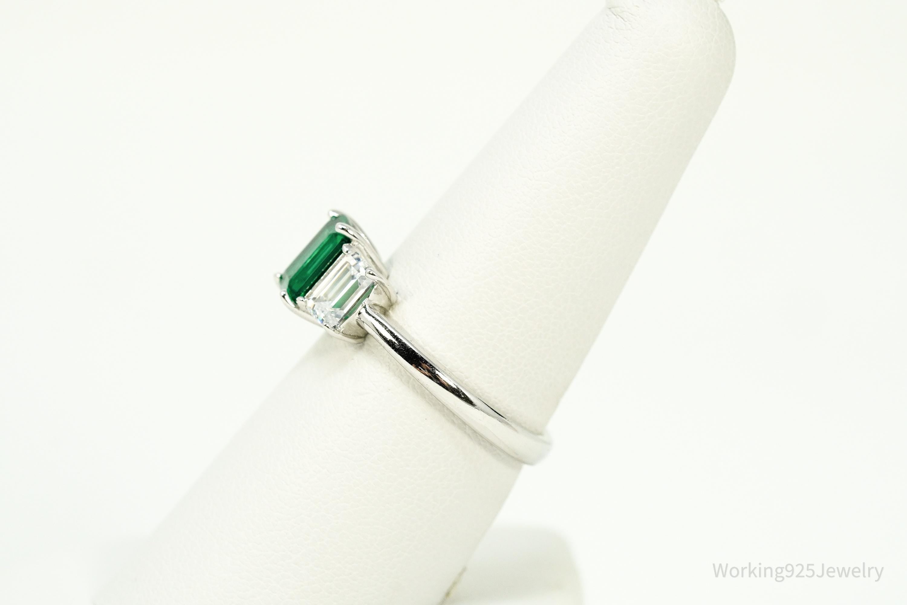 Vintage Lab Emerald & Cubic Zirconia Sterling Silver Ring - Size 8