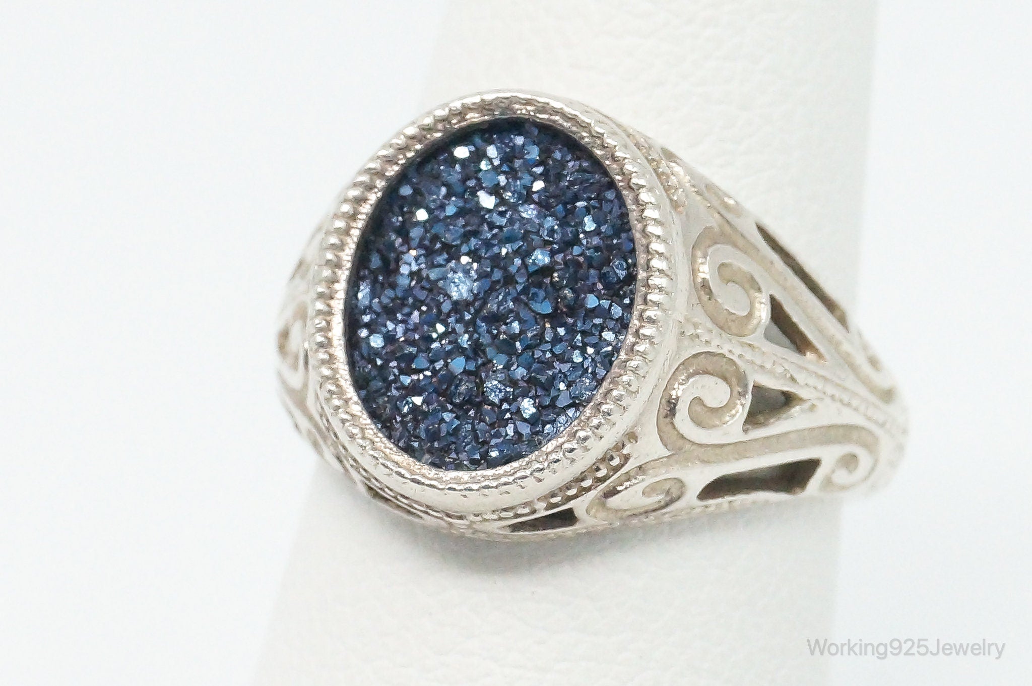 Vintage Titanium Blue Druzy Quartz Sterling Silver Ring - Size 6