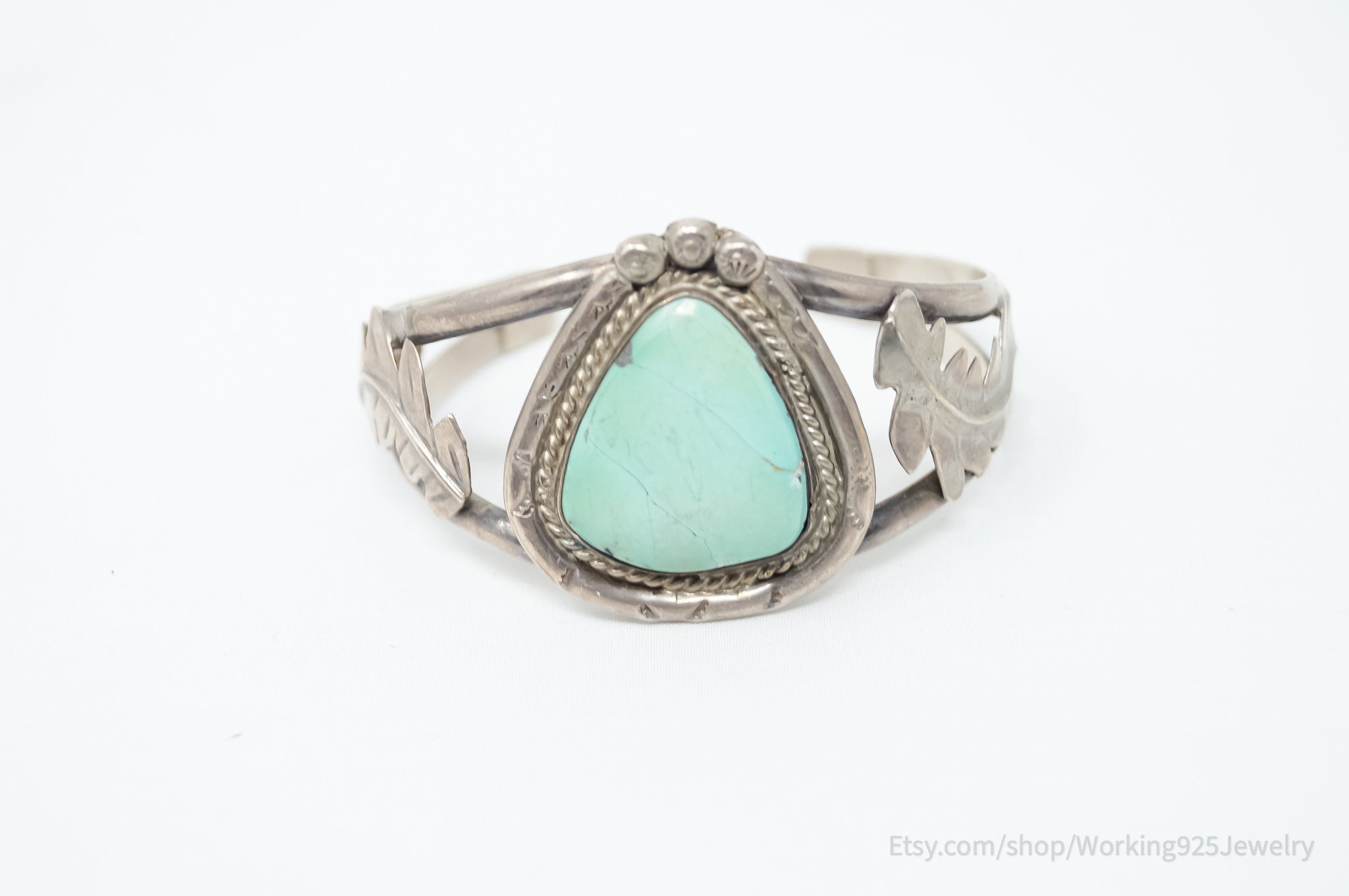 Vintage Native Handmade Unsigned Turquoise Sterling Silver Cuff Bracelet