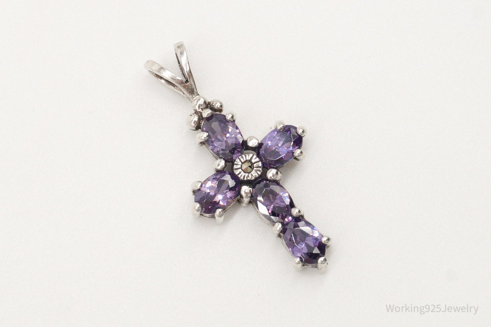 Vintage Purple Cubic Zirconia Marcasite Cross Sterling Silver Pendant