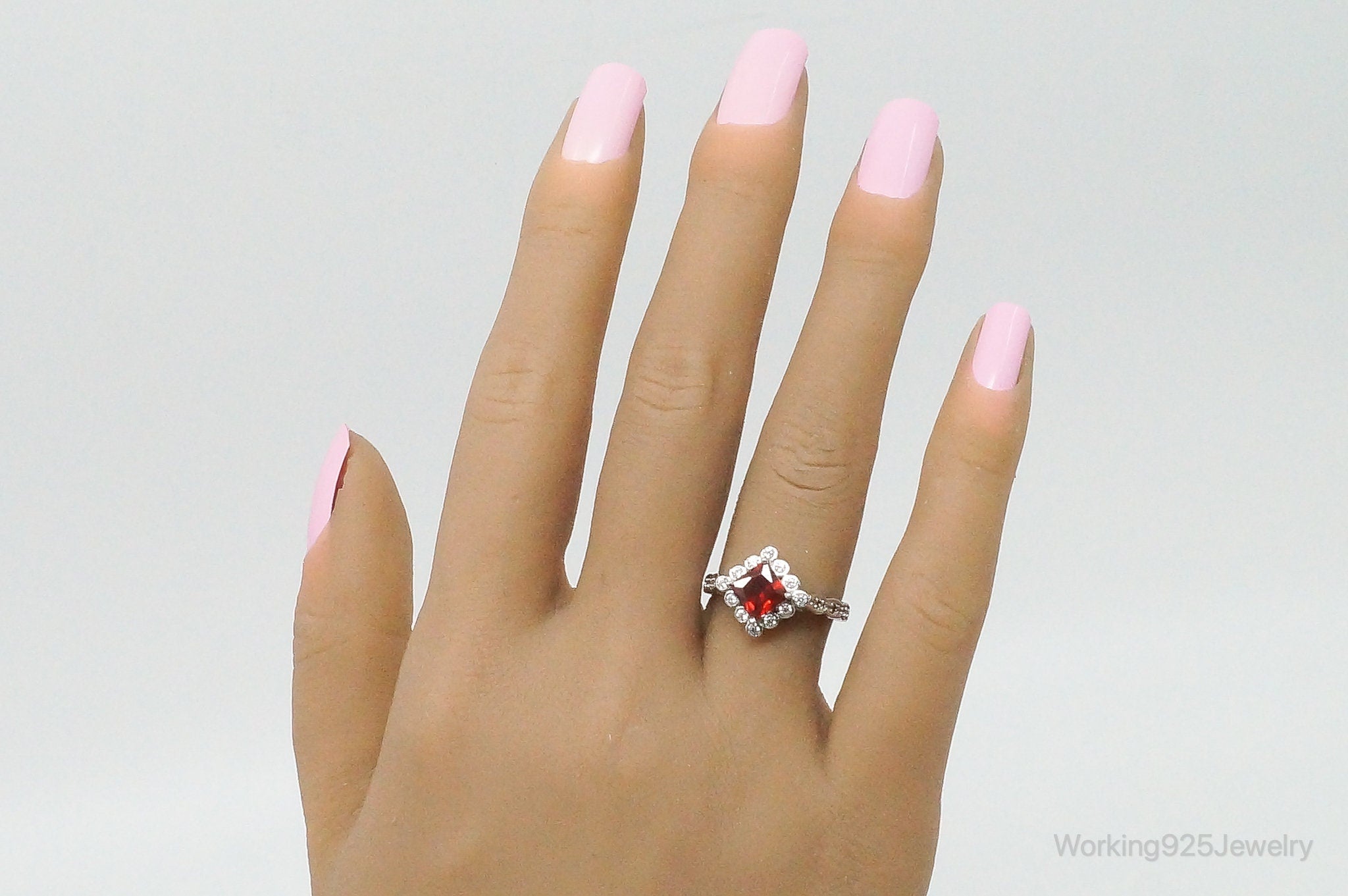 Garnet Cubic Zirconia Sterling Silver Ring - Size 6.5