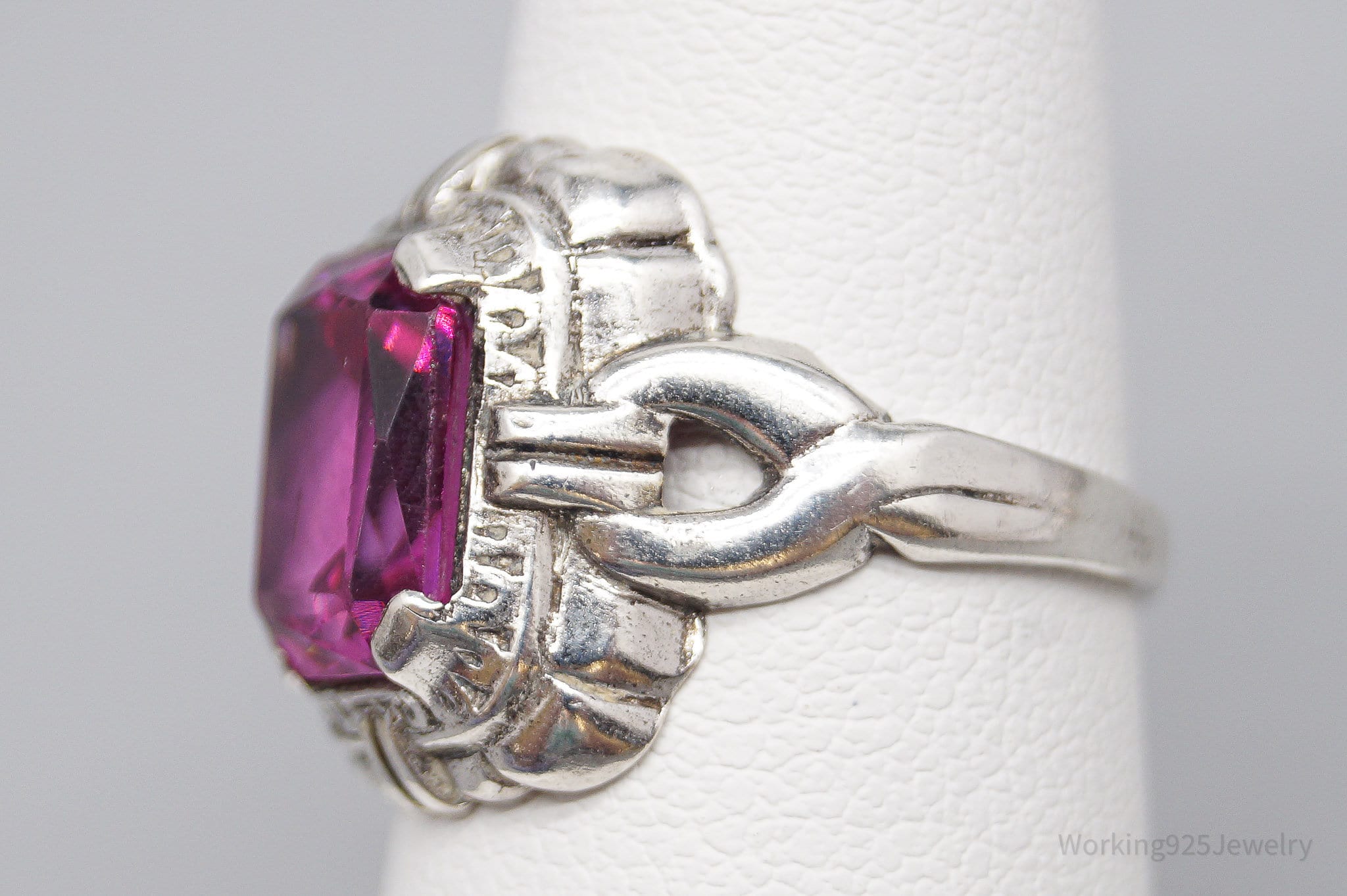 Antique Art Deco Pink Stone Sterling Silver Ring - Size 6.25