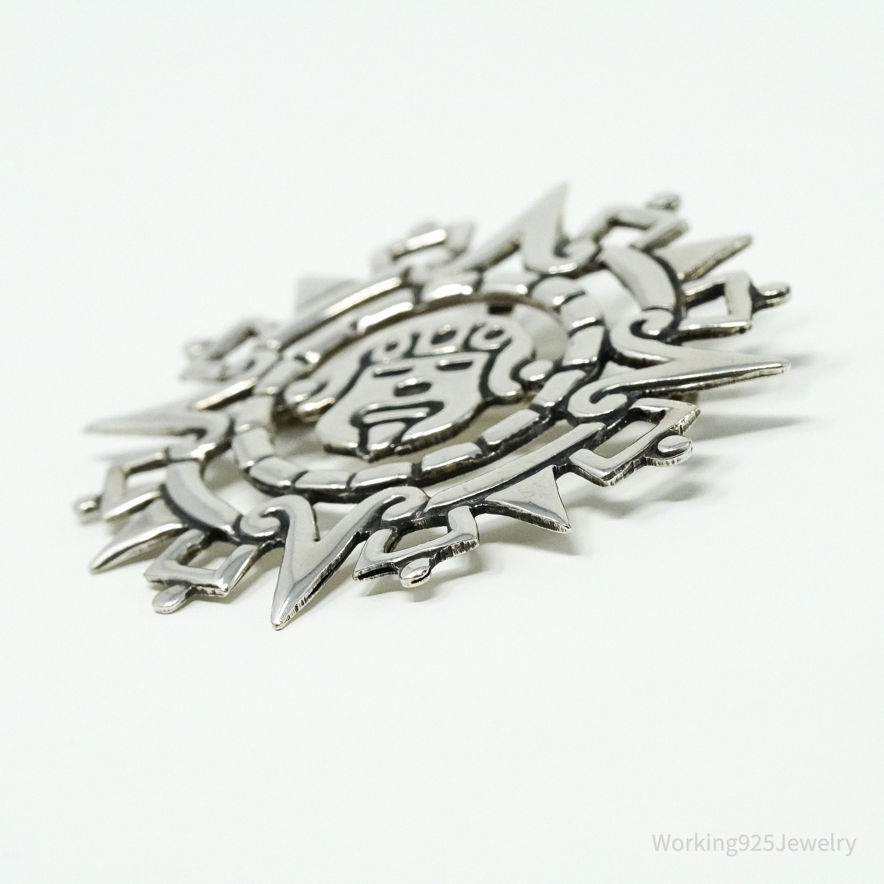 Large Vintage Mexico Aztec Mayan Sterling Silver Brooch Pin Pendant