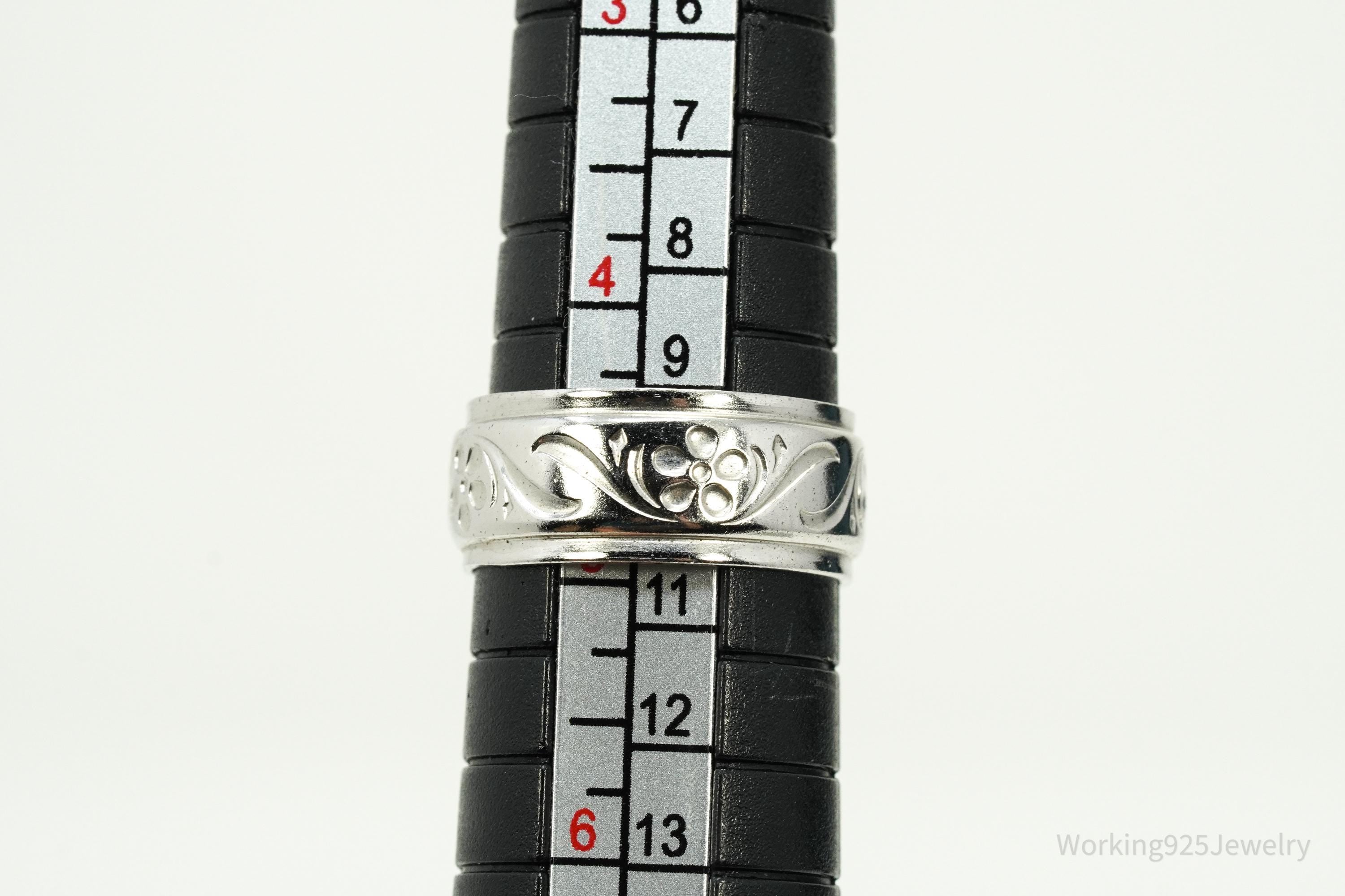 Antique Uncas Mfg. Co. Flowers Sterling Silver Band Ring - Size 5