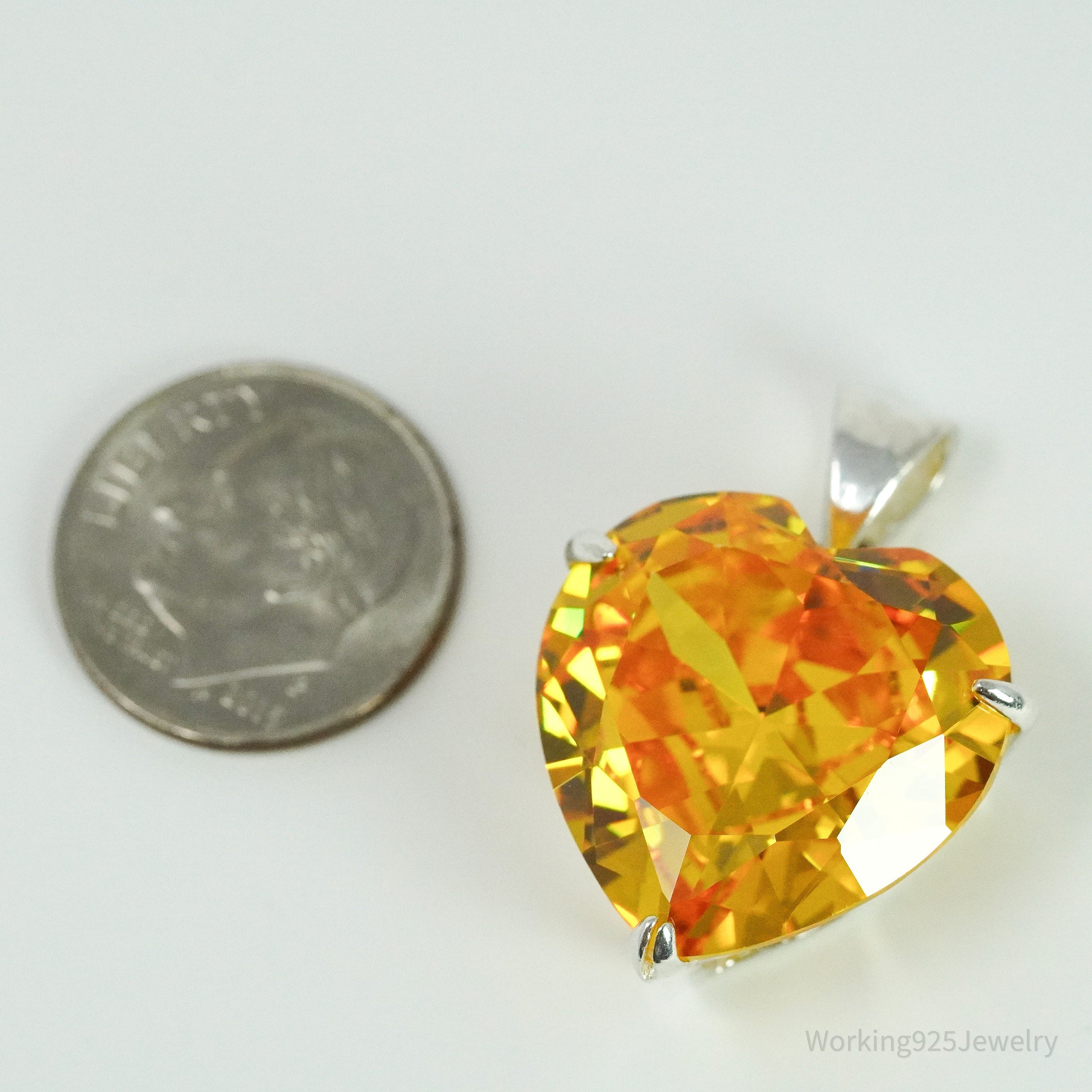 Vintage Large Citrine Heart Sterling Silver Necklace Pendant
