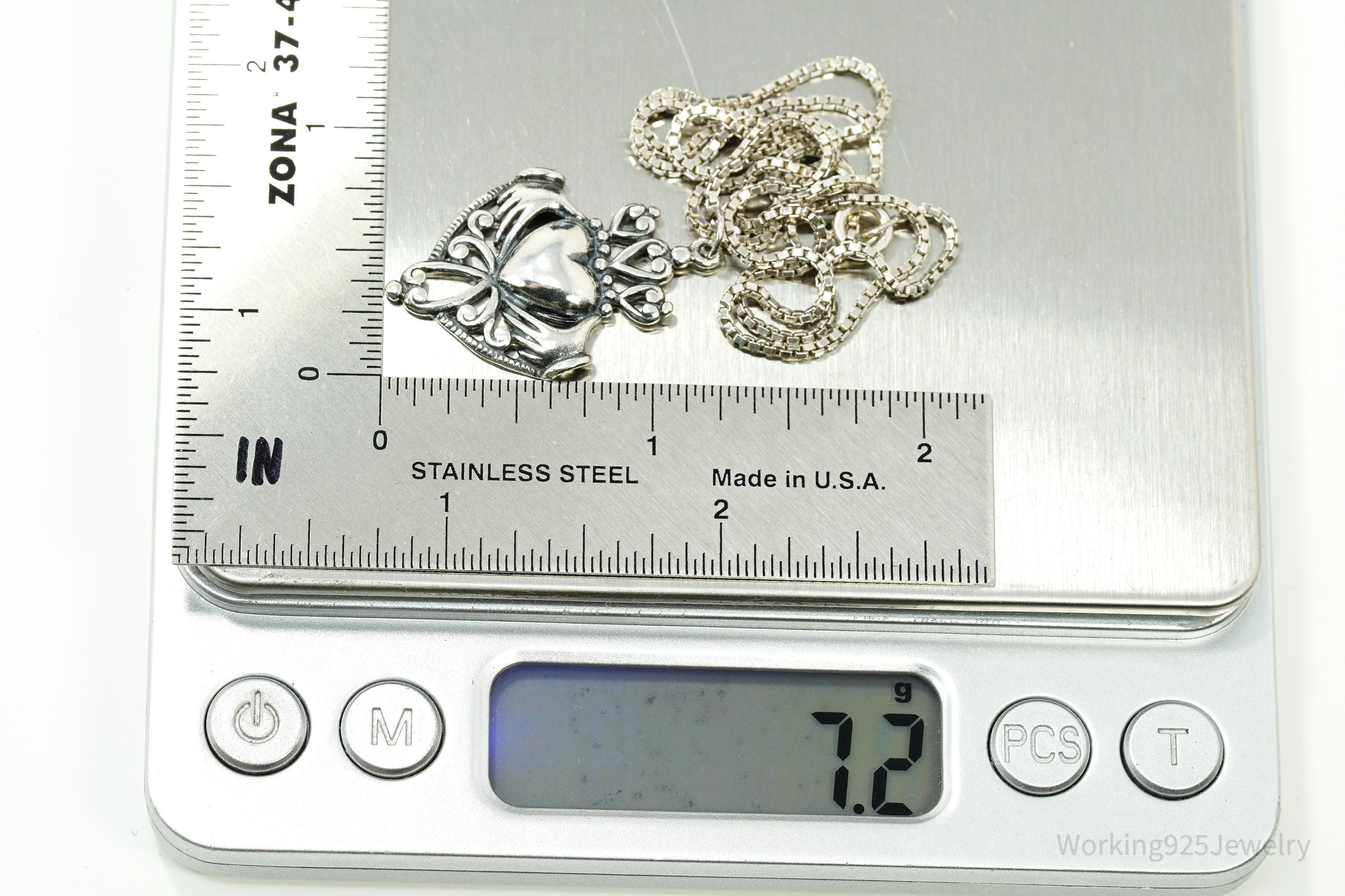 Vintage Claddagh Irish Heart Sterling Silver Necklace 18"