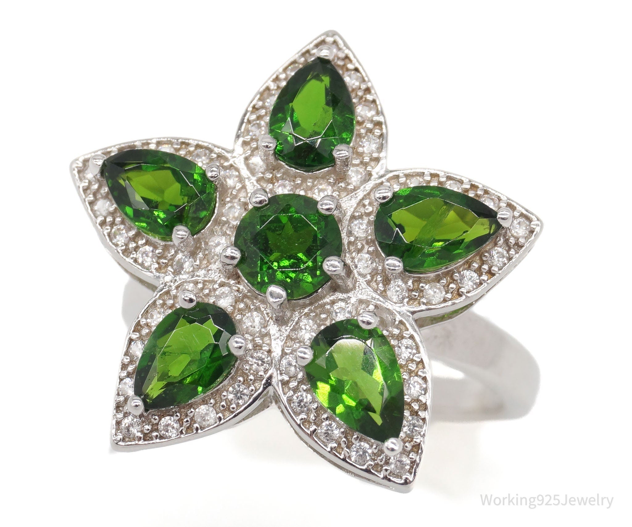 Vintage lab Emerald Cubic Zirconia Flower Sterling Silver Ring - Size 8.25