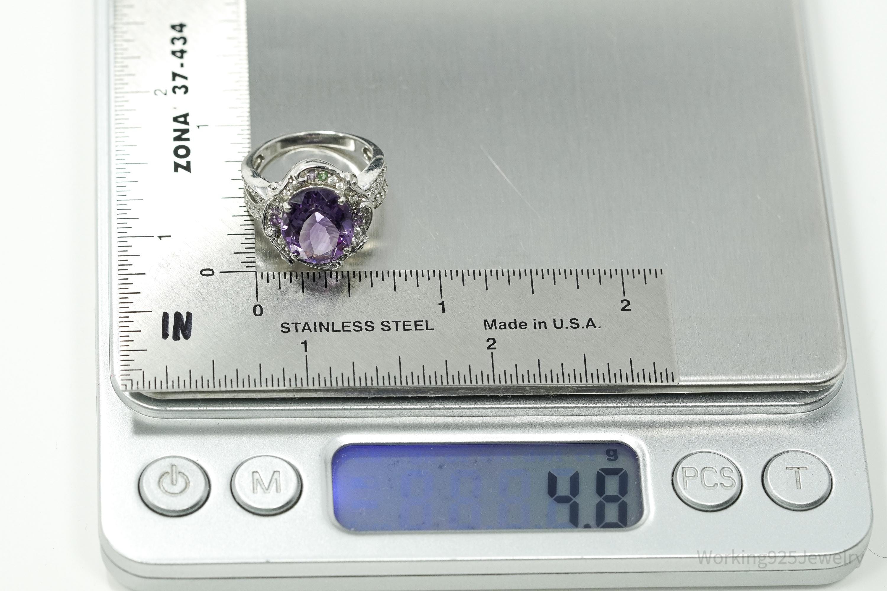 Vintage Amethyst, Cubic Zirconia, & Peridot Sterling Silver Ring - Size 6