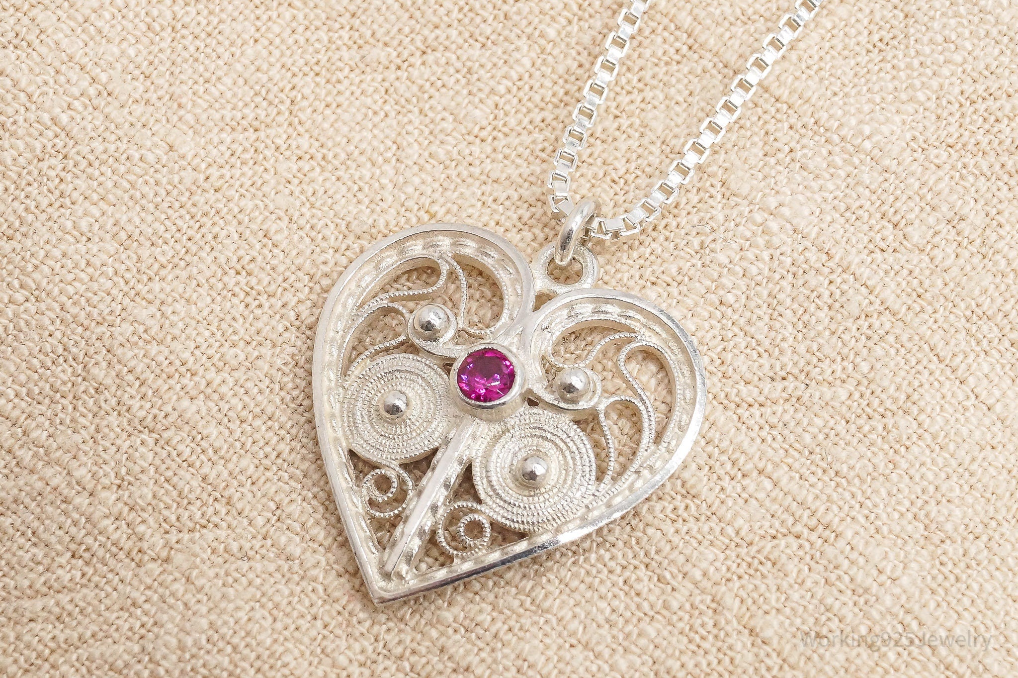 Vintage Ruby Filigree Heart Sterling Silver Chain Necklace 16"