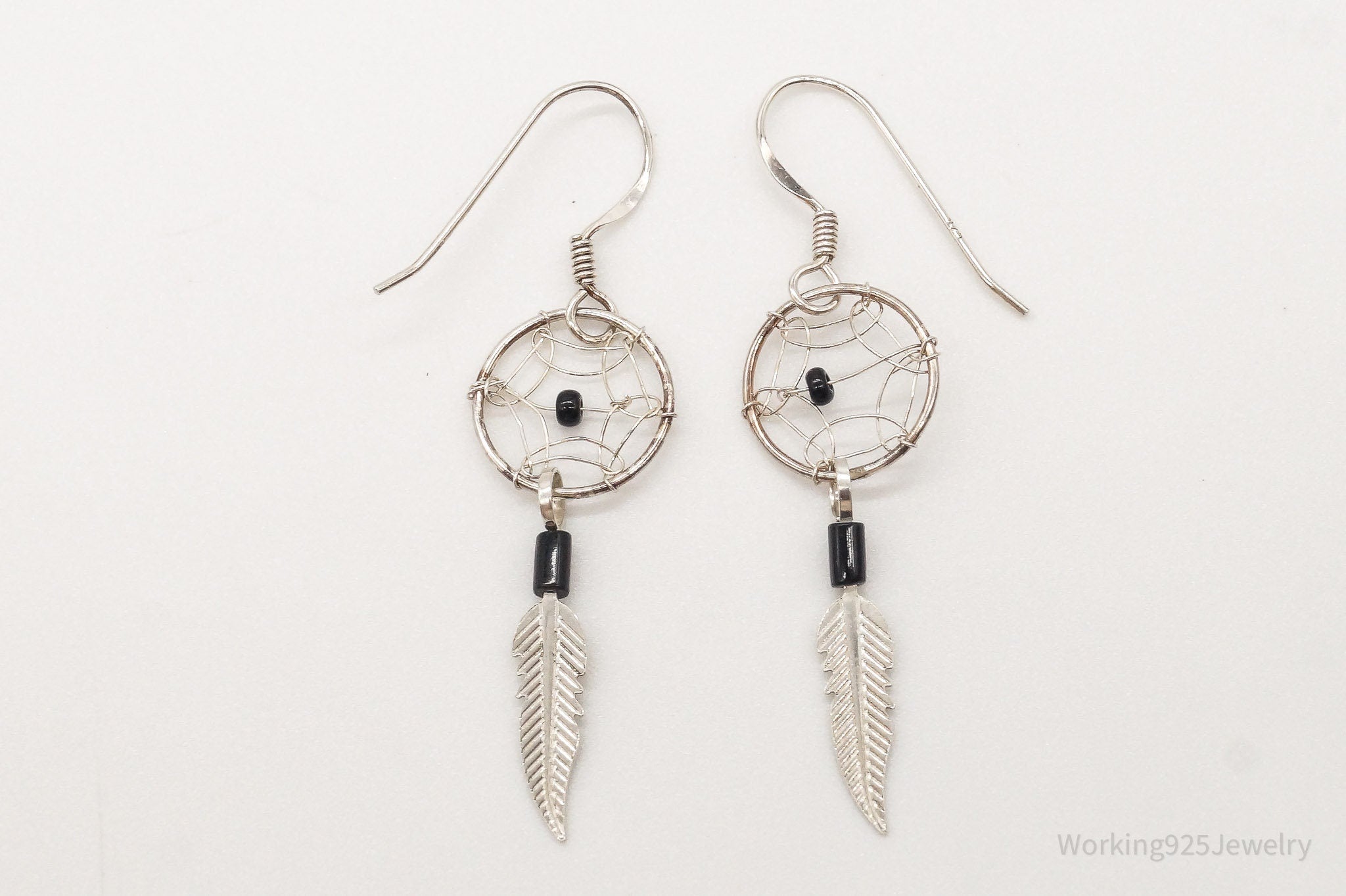 Vintage Native American Black Onyx Dream Catcher Silver Earrings