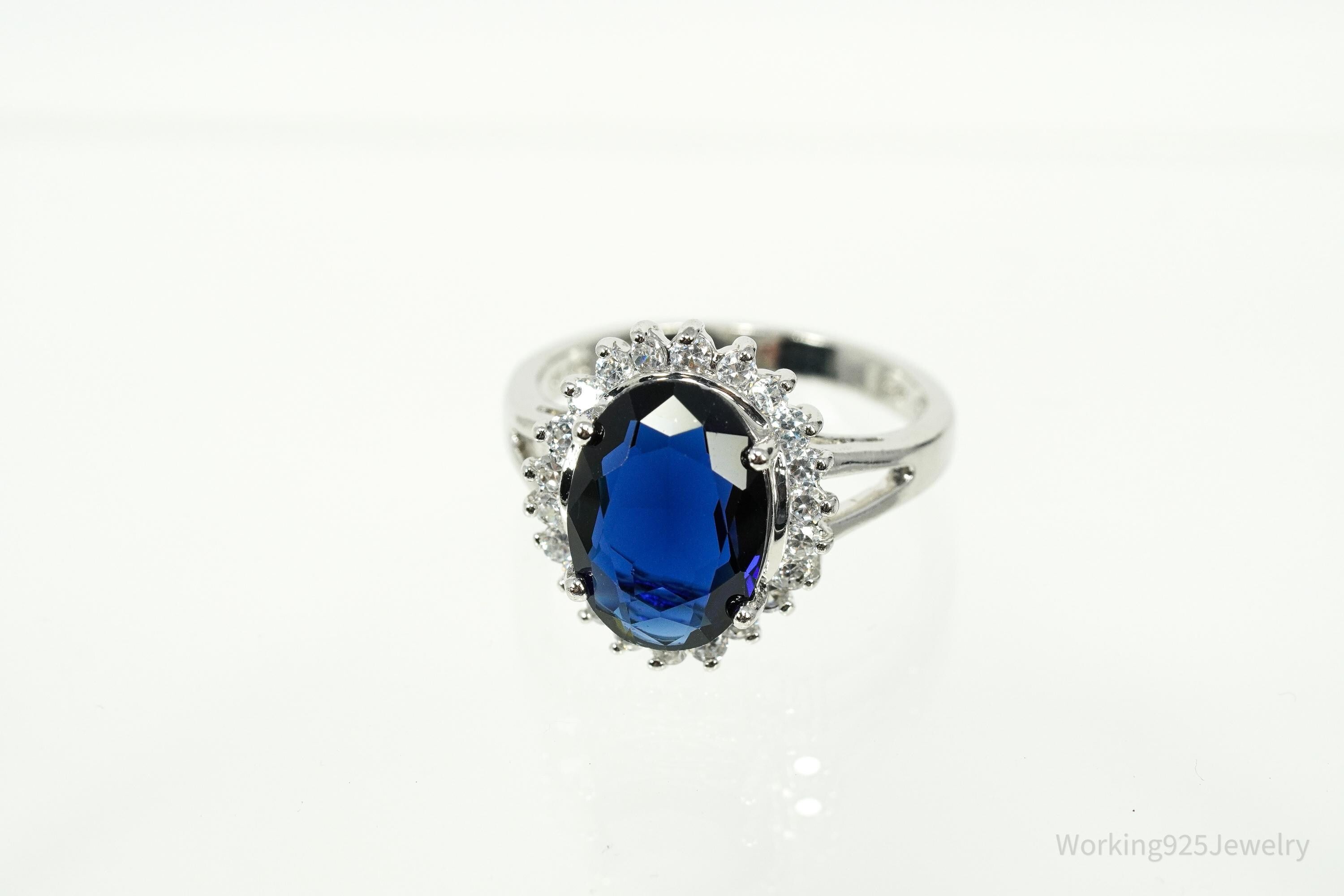 Vintage Avon RJ Simulated Blue Sapphire & Cubic Zirconia Sterling Silver Ring Size 10