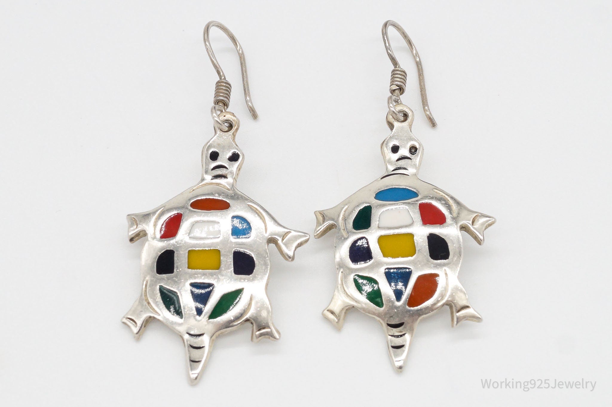 Vintage Mexico Rainbow Enamel Inlay Sterling Silver Turtles Earrings