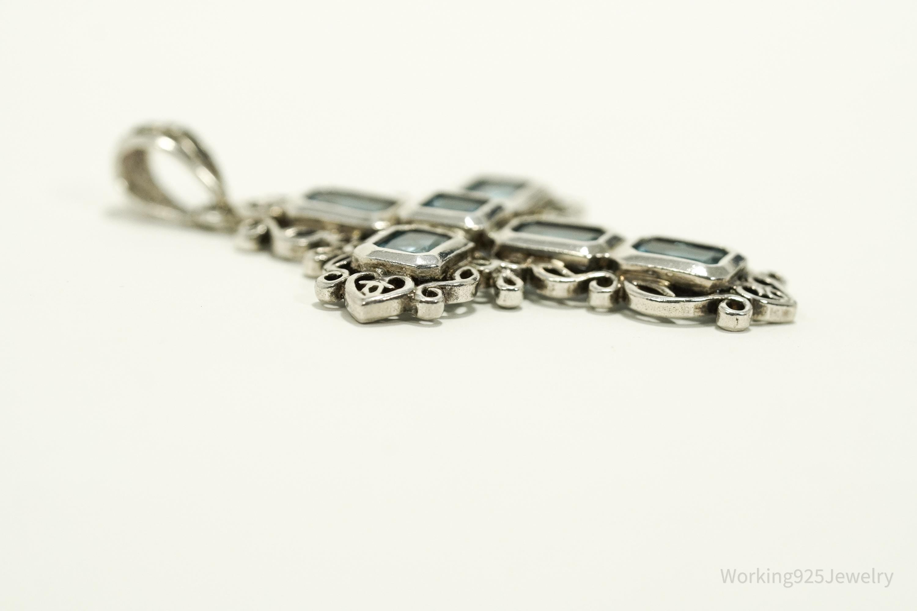 Vintage Blue Topaz Cross Sterling Silver Pendant 1.75"