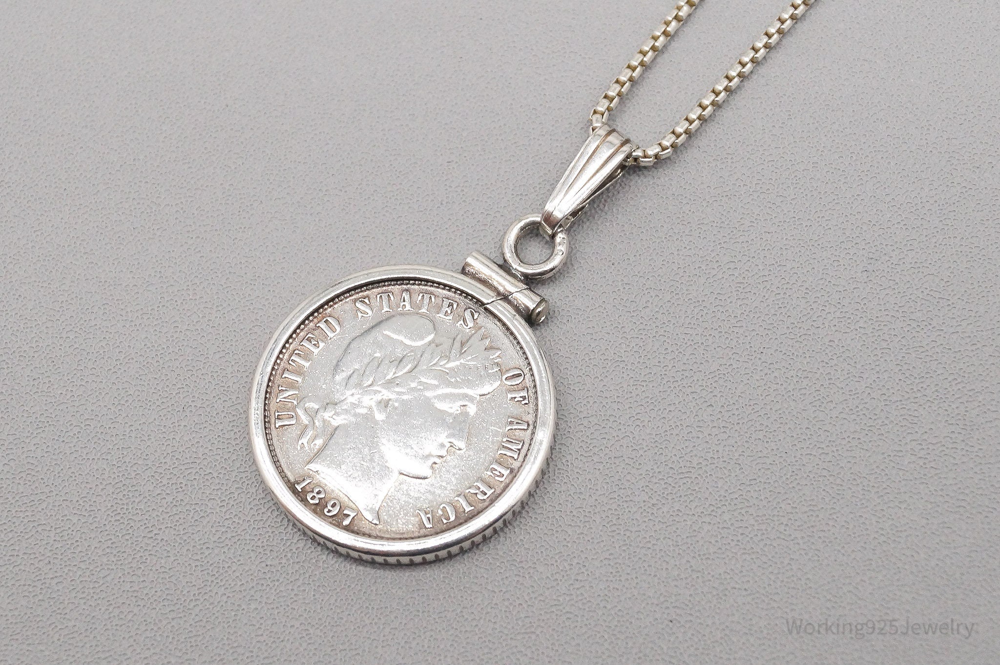 Antique Vintage 1897 Barber Dime Sterling Silver Chain Necklace - 16"