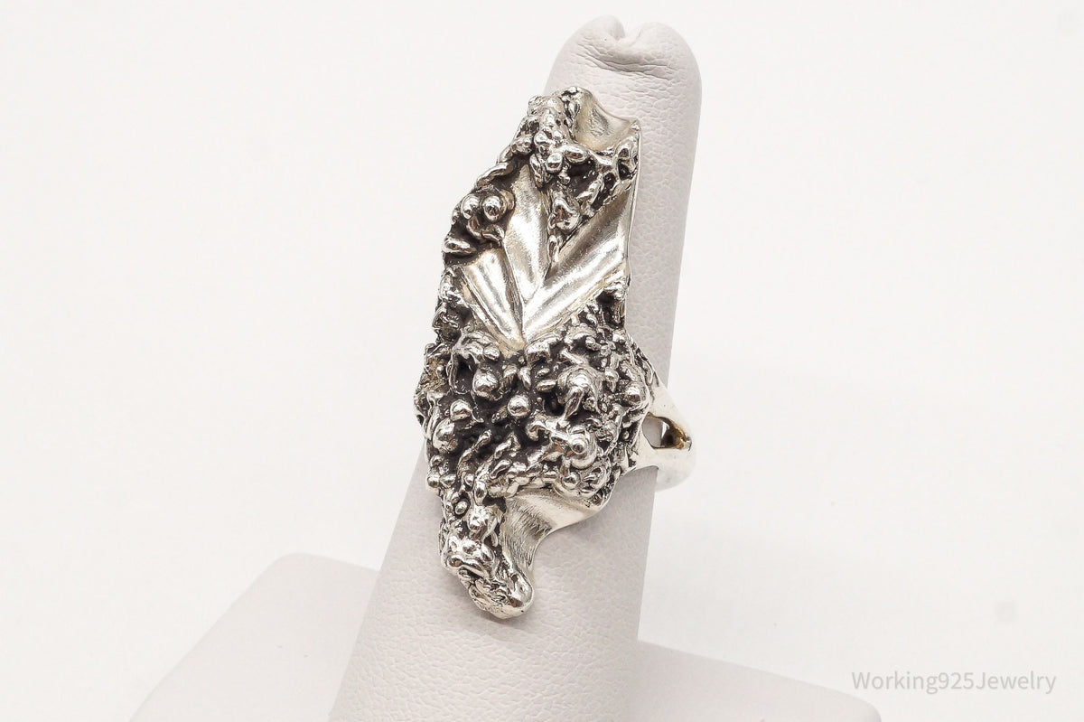 Long Vintage Mid Century Brutalist Silver Ring - Size 6.5