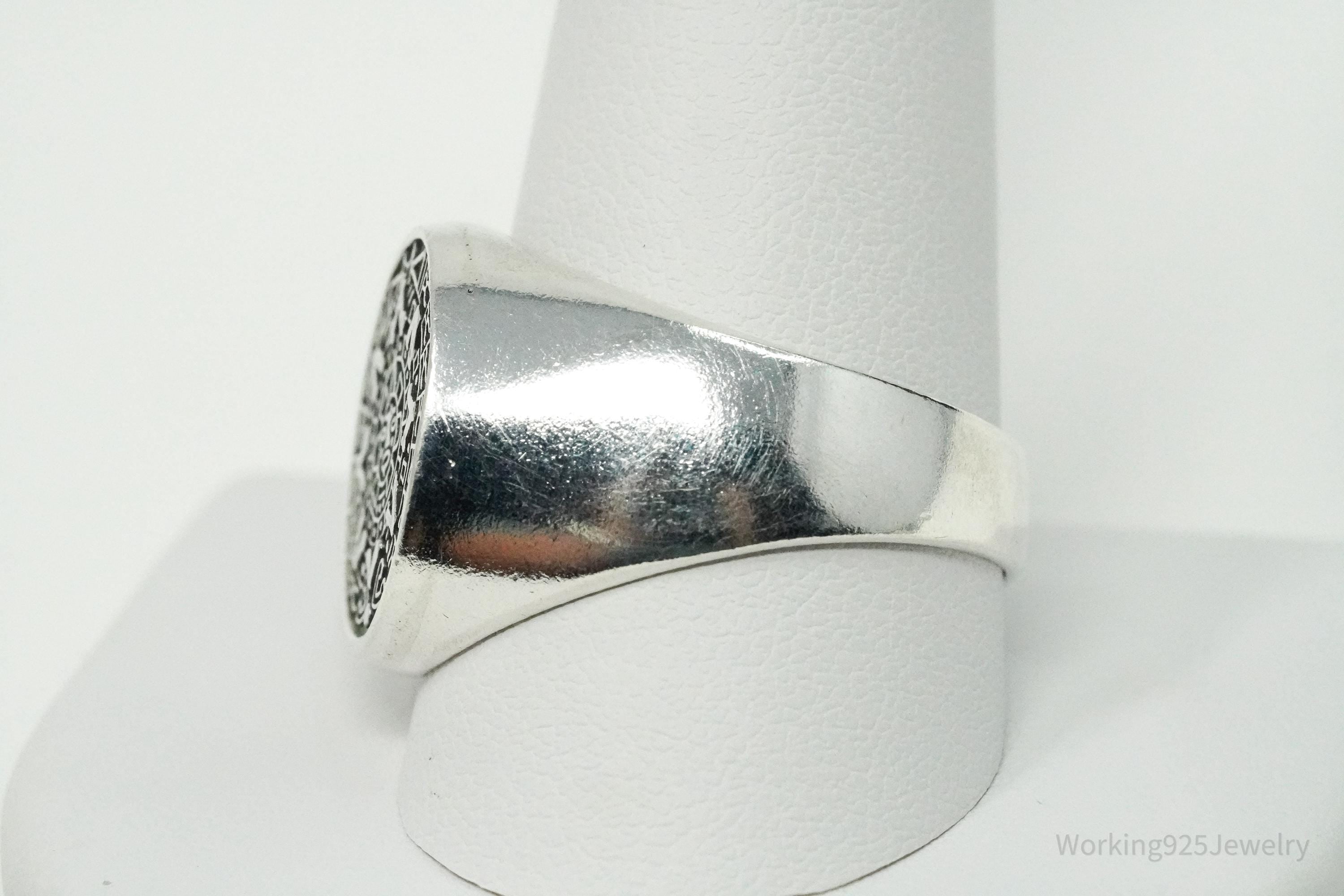 Vintage Aztec Mayan Sun Calendar Sterling Silver Ring Size 11.5