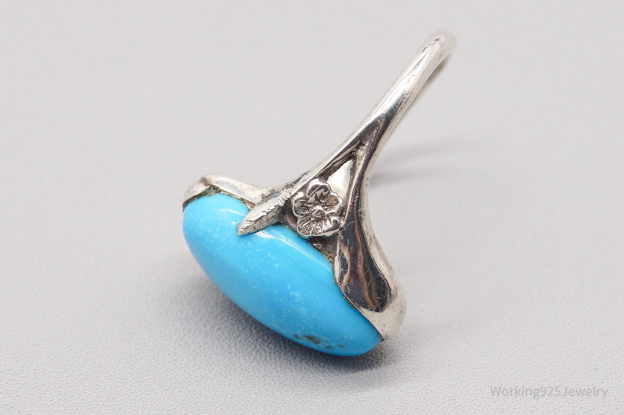 Vintage Native American Turquoise & Flowers Sterling Silver Ring - Size 8.75