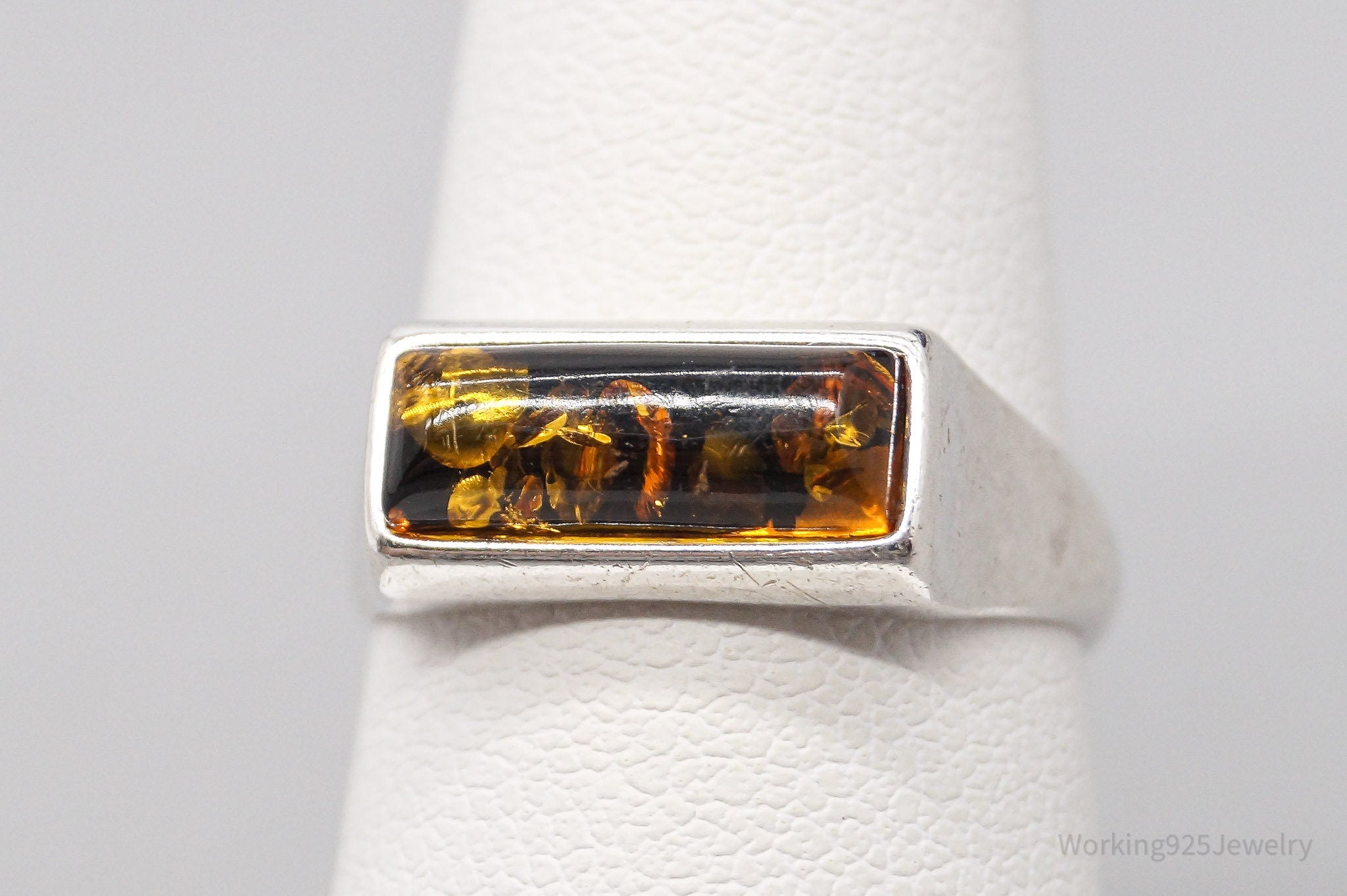 Vintage Amber Modernist Sterling Silver Ring - Size 6.25