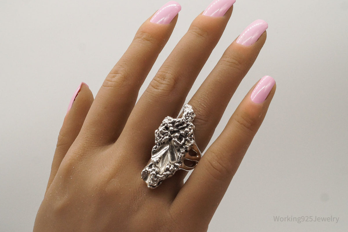 Long Vintage Mid Century Brutalist Silver Ring - Size 6.5