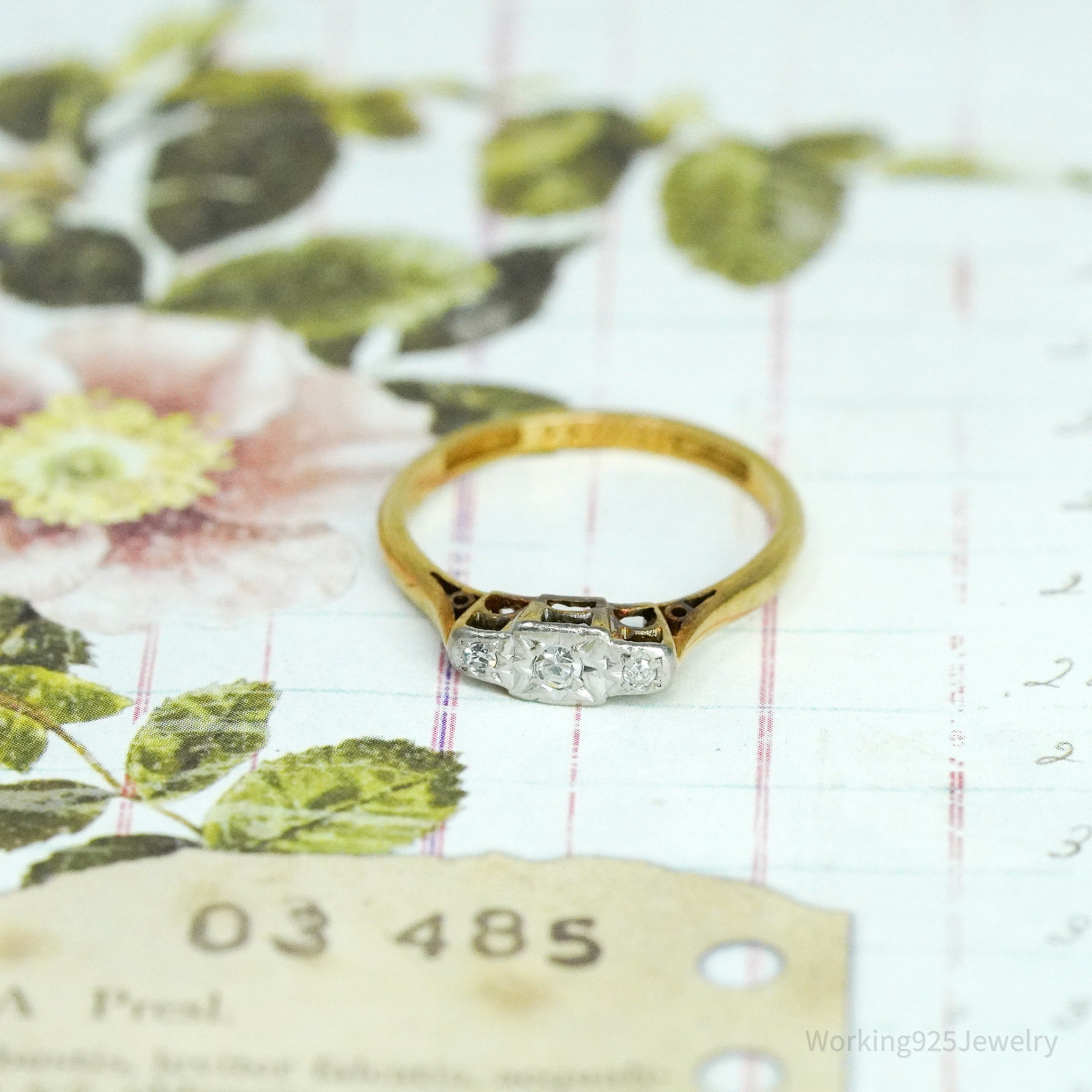 Platinum Topped 18K Yellow Gold & Single Cut Diamond Ring - Size 6