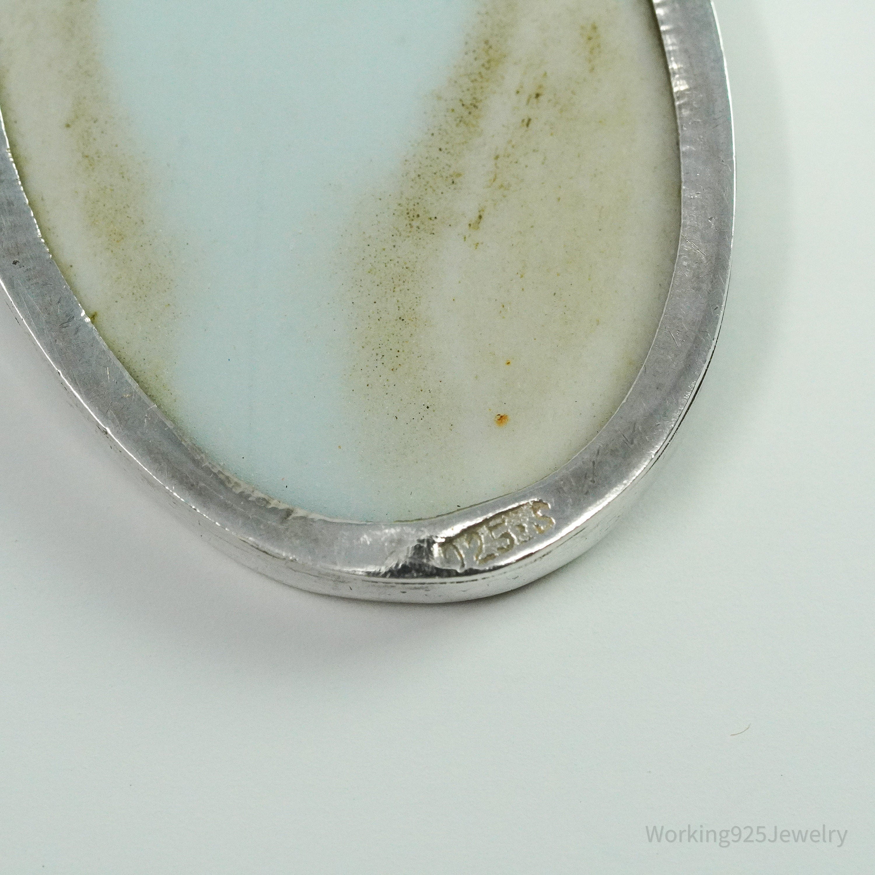 Vintage White Blue Ming Porcelain Sterling Silver Pendant