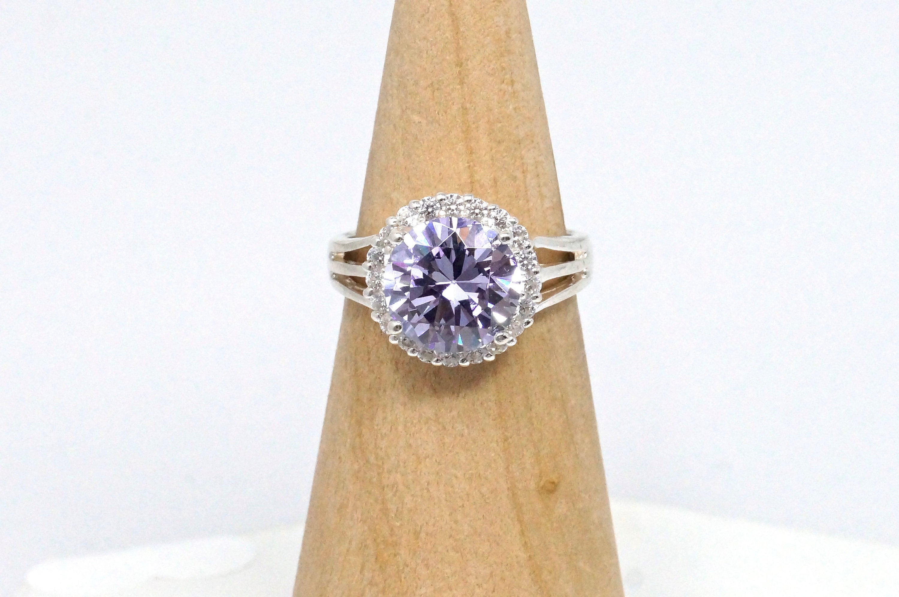 Vtg Art Deco Style Large Purple CZ Sterling Silver Statement Ring Sz 7